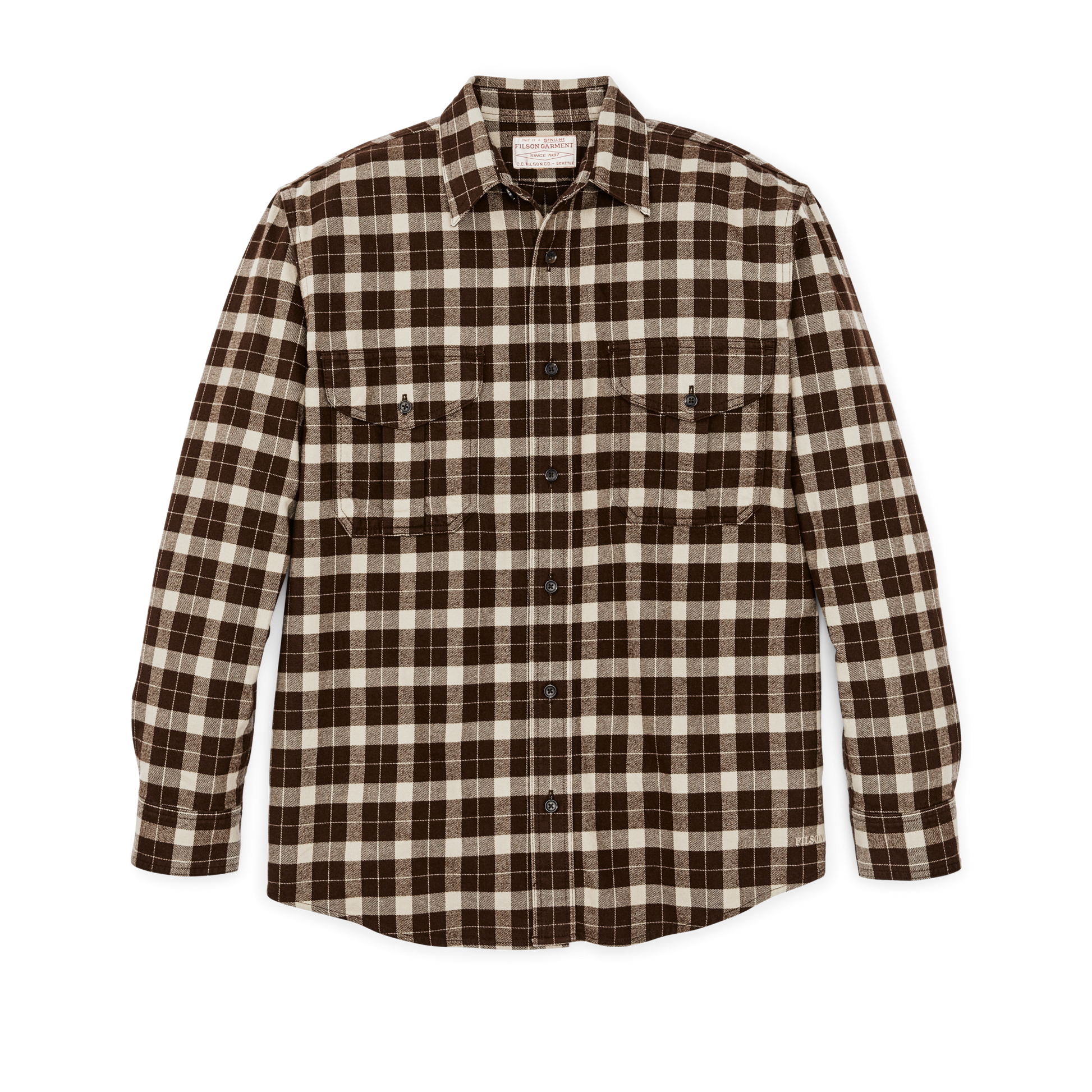 Front-facing image of the Filson Alaskan Guide Shirt - Brown / Cream Plaid