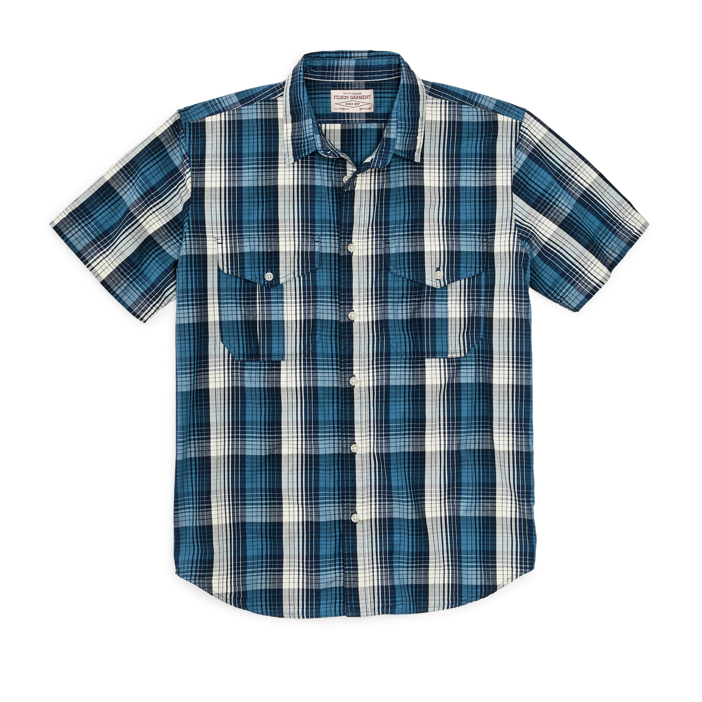 Front-facing image of the Filson Filson's Washed Short Sleeve Feather Cloth Shirt - Service Blue / White Plaid