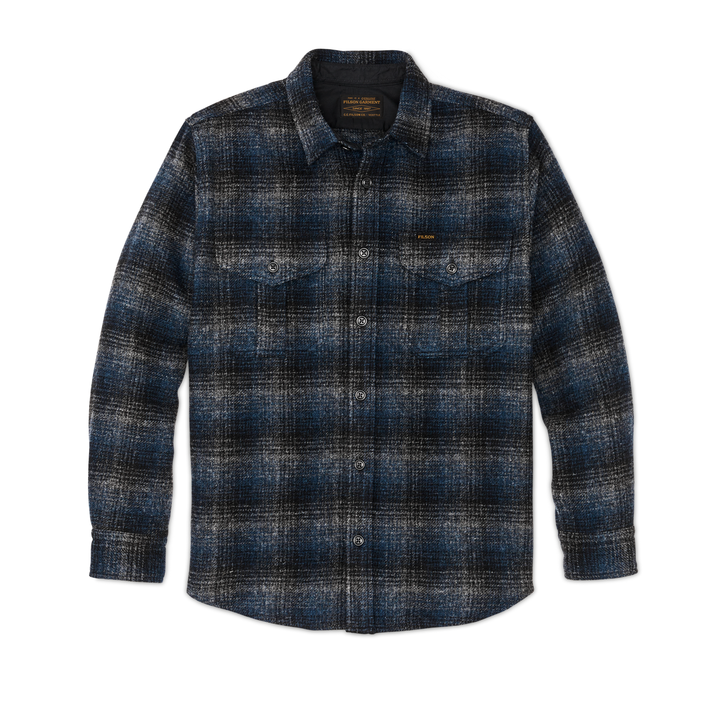 Front-facing image of the Filson Northwest Wool Shirt - Blue / Black / Multi Plaid