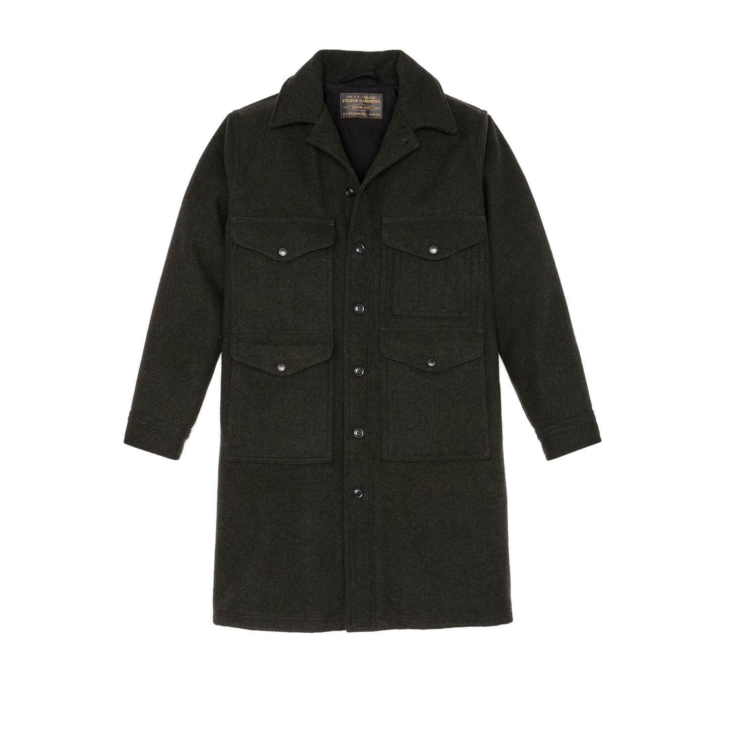 Front-facing image of the Filson Long Mackinaw Wool Cruiser - Peat Black