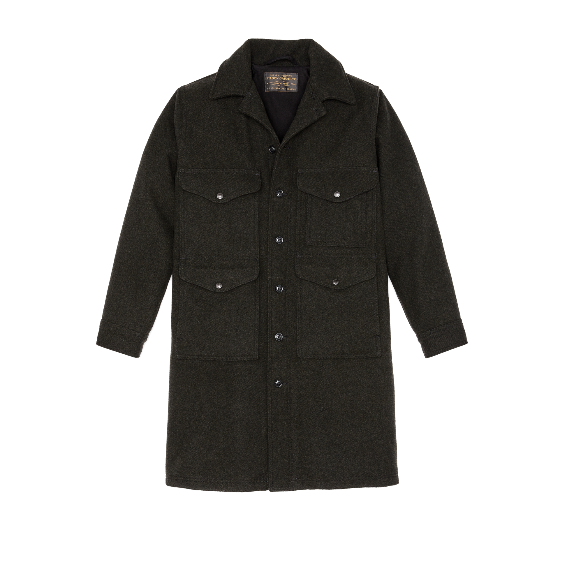 Front-facing image of the Filson Long Mackinaw Wool Cruiser - Peat Black