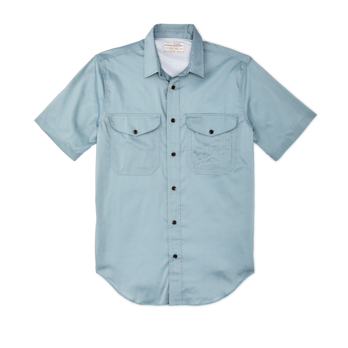 Front-facing image of the Filson Twin Lakes Short Sleeve Sport Shirt - Stone Blue