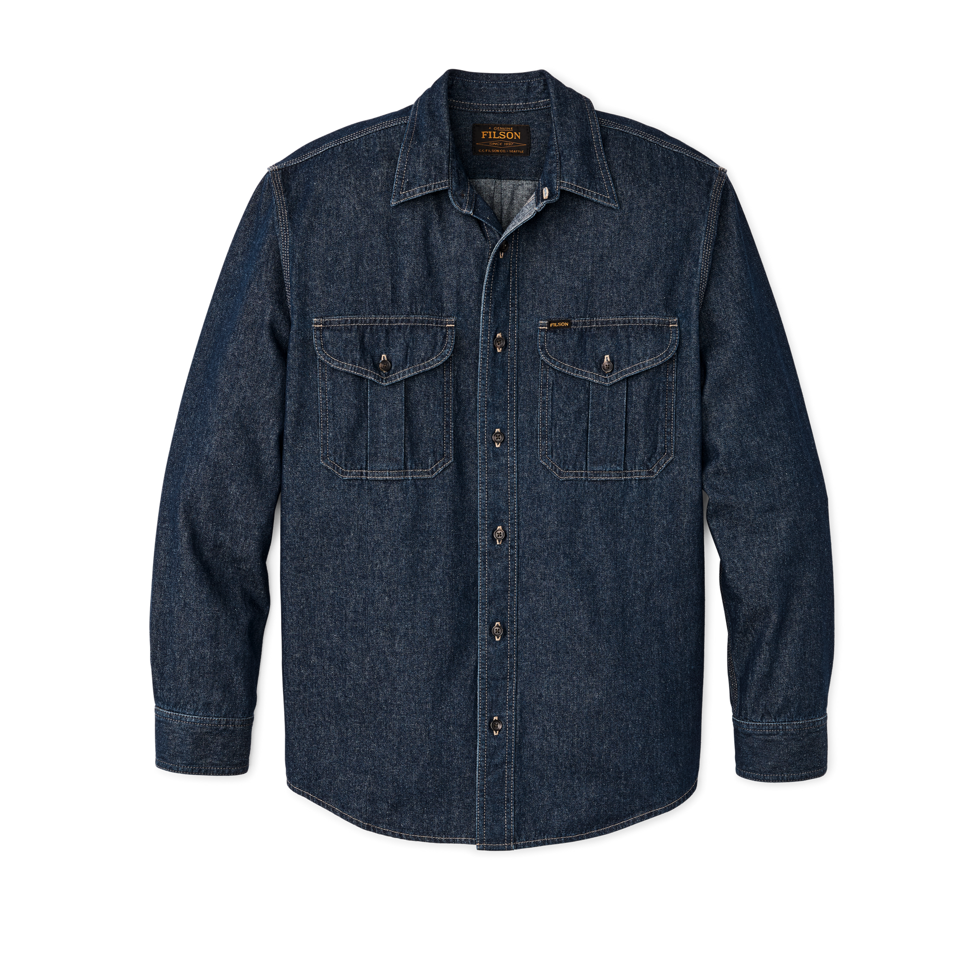 Front-facing image of the Filson Denim Guide Shirt - Rinse Indigo