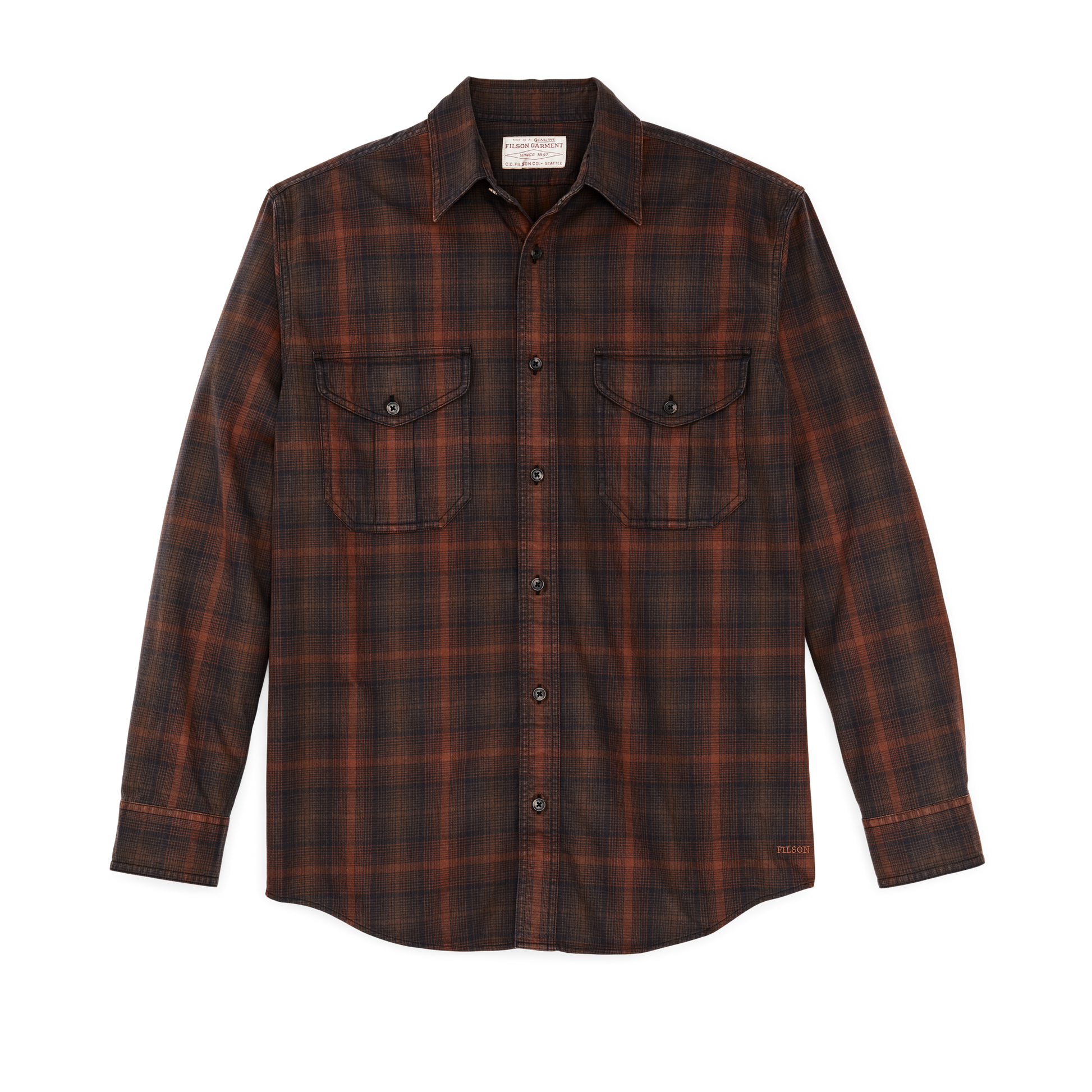 Front-facing image of the Filson Lightweight Alaskan Guide Shirt - Rust / Brown / Blue Ombre