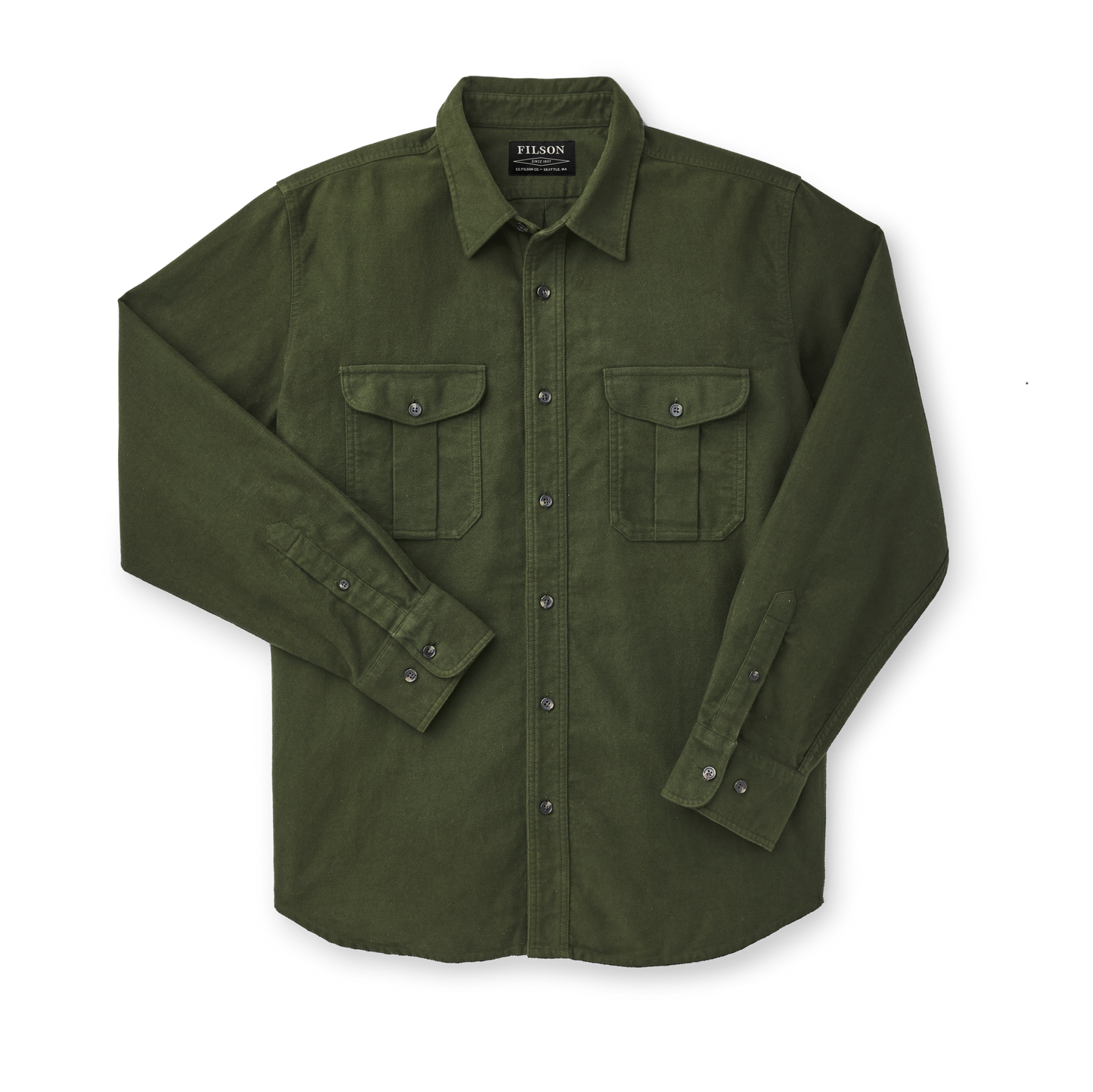 Front-facing image of the Filson Moleskin Seattle Shirt - Dark Olive