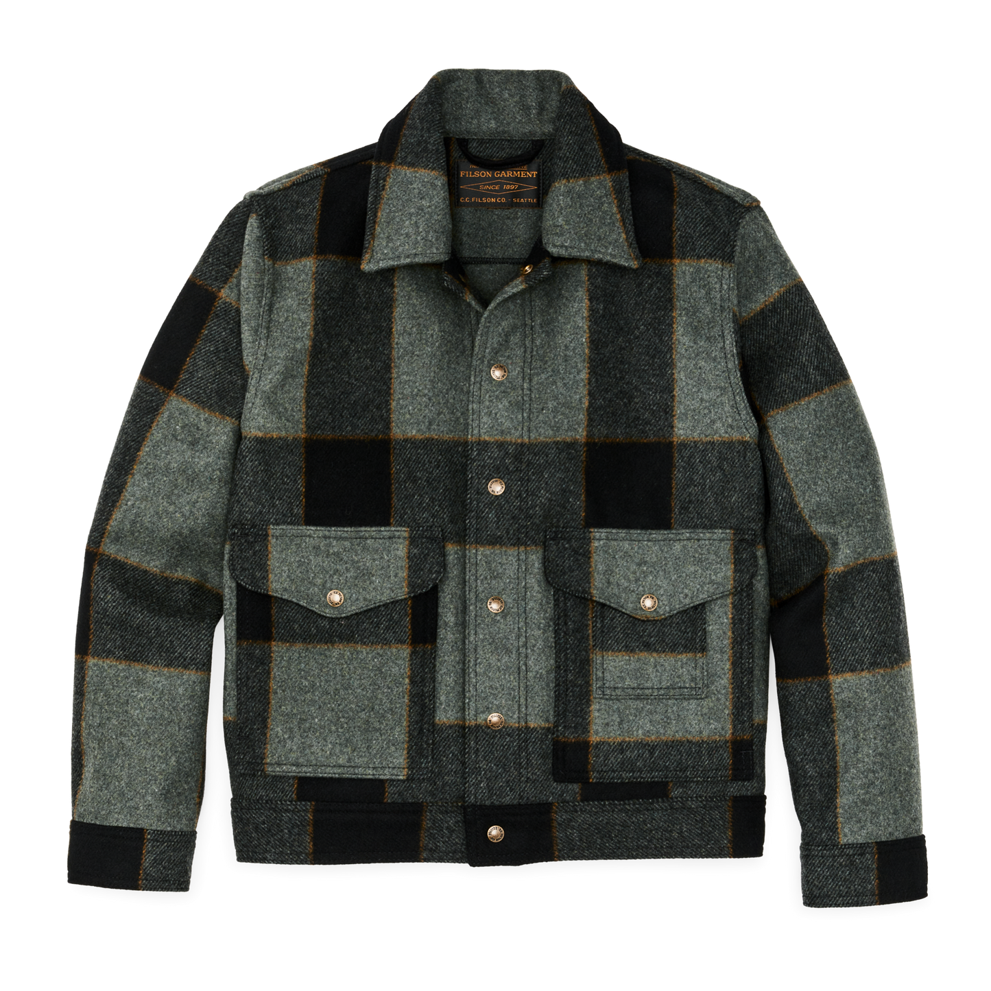 Front-facing image of the Filson Mackinaw Wool Work Jacket - Graystone / Black Plaid