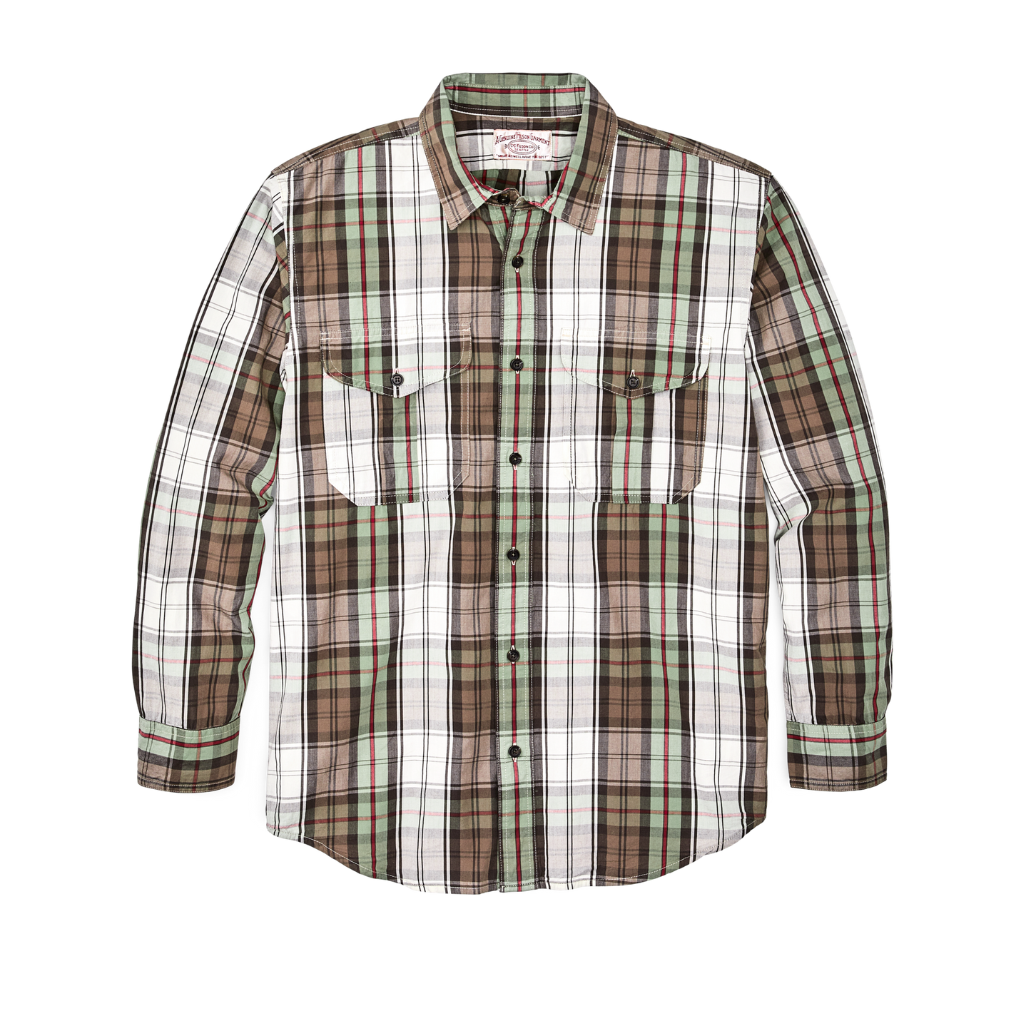 Front-facing image of the Filson Filson's Washed Feather Cloth Shirt - Sage / Olive Plaid