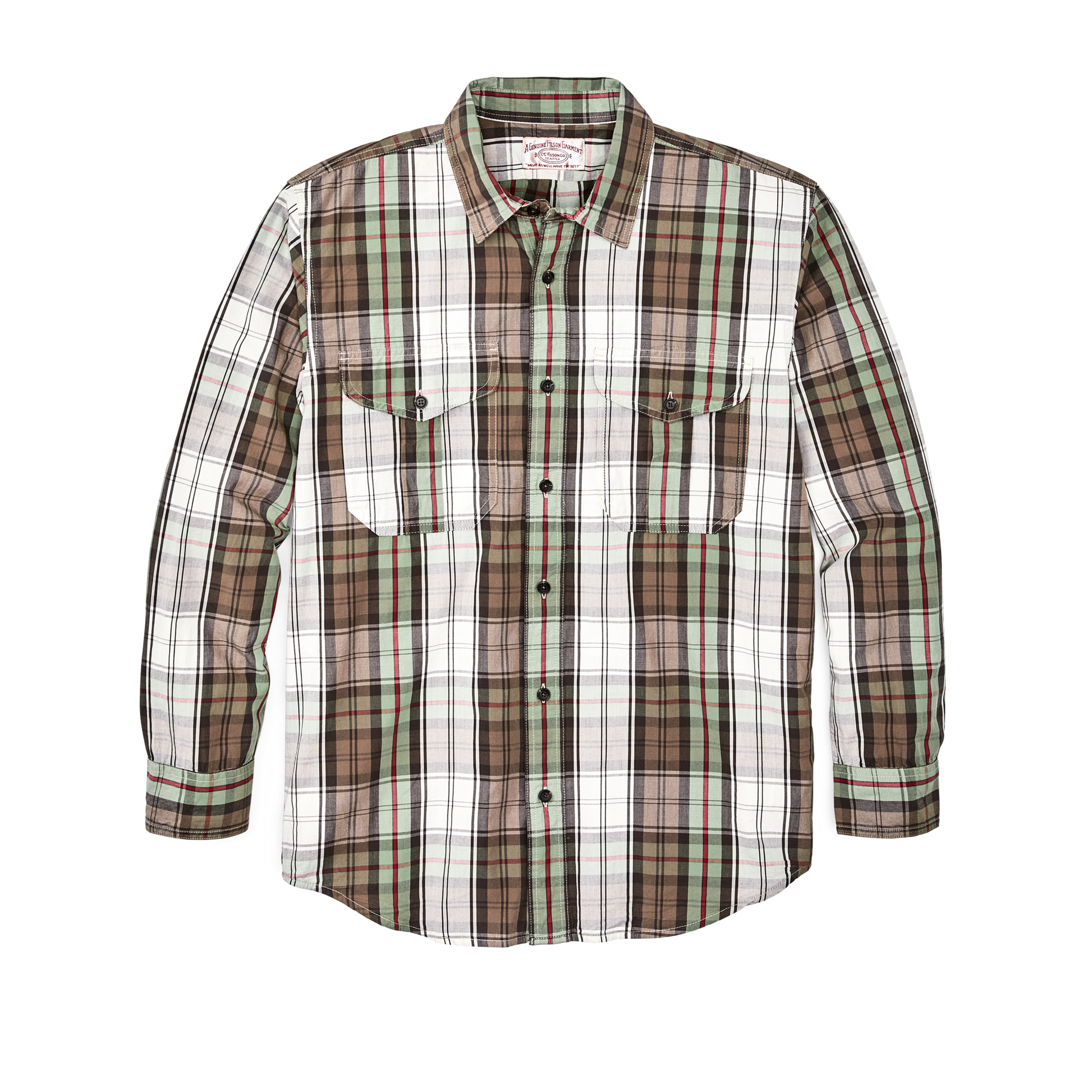 Front-facing image of the Filson Filson's Washed Feather Cloth Shirt - Sage / Olive Plaid