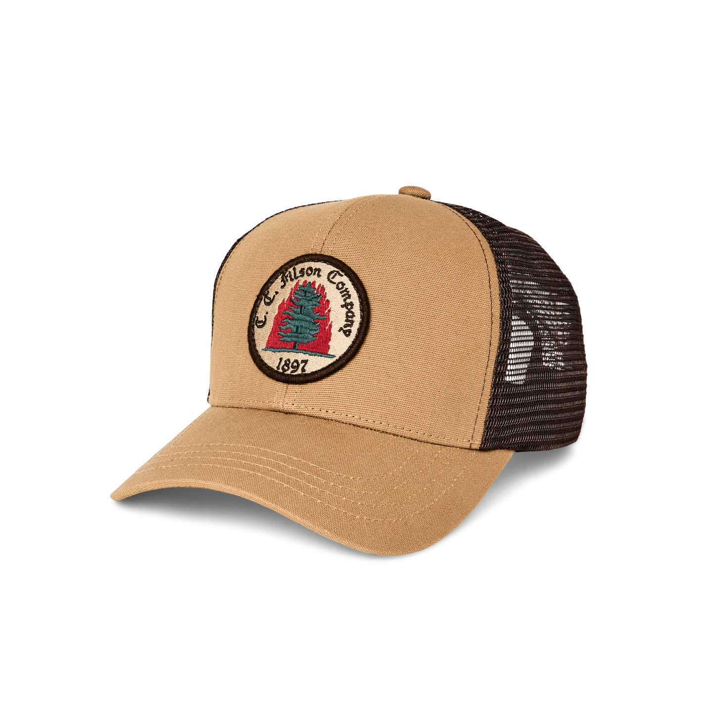 Front-facing image of the Filson Logger Mesh Cap - Wheat / Fire