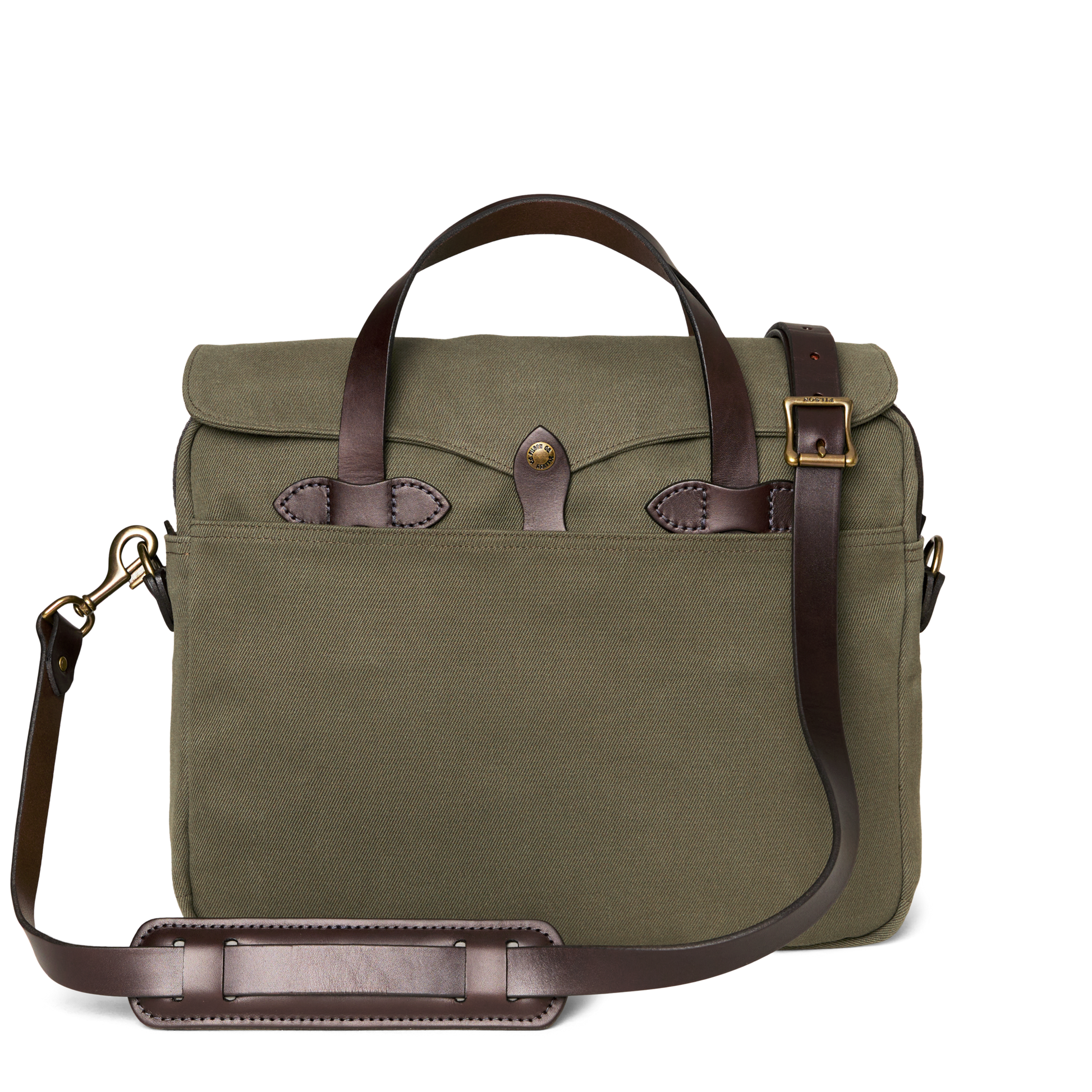 Front-facing image of the Filson Rugged Twill Original Briefcase - Otter Green