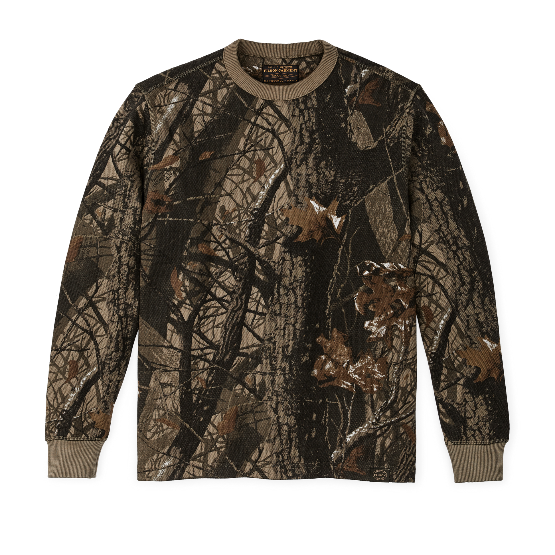 Front-facing image of the Filson Waffle Knit Thermal Crewneck - Realtree Hardwoods Camo