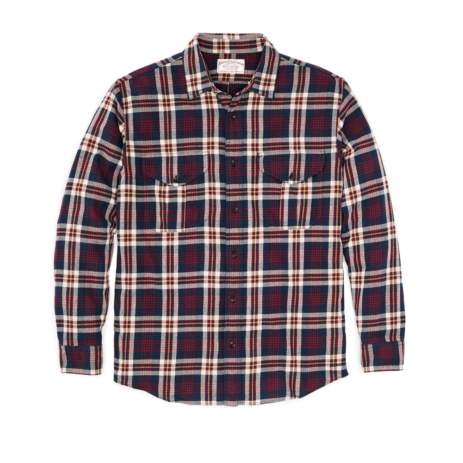 Front-facing image of the Filson Lightweight Alaskan Guide Shirt - Navy / Red / White Plaid