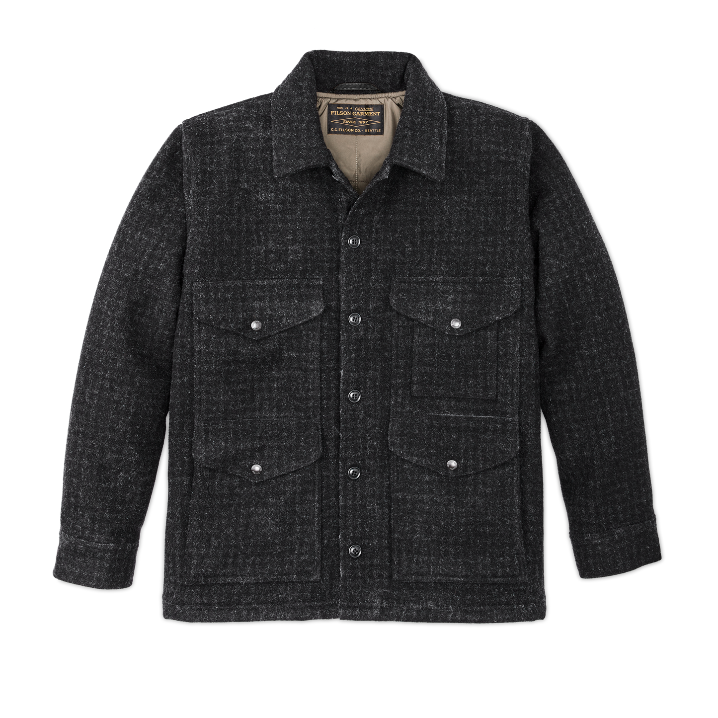 Front-facing image of the Filson Mackinaw Wool Insulated Cruiser Jacket - Black Marl /  Heather Check