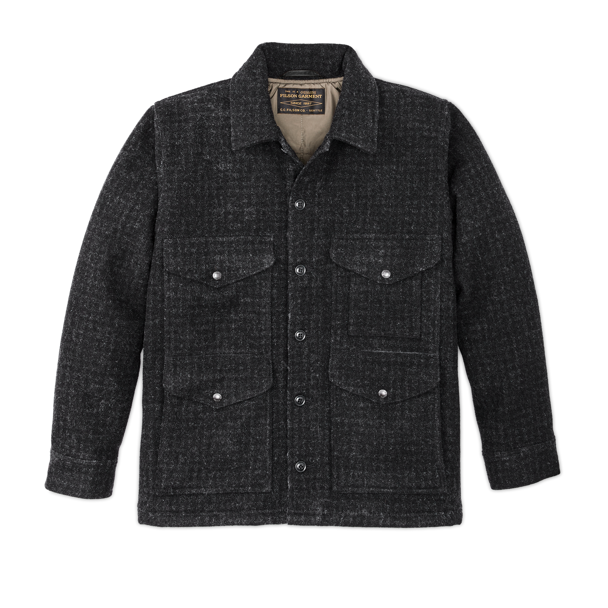 Front-facing image of the Filson Mackinaw Wool Insulated Cruiser Jacket - Black Marl /  Heather Check