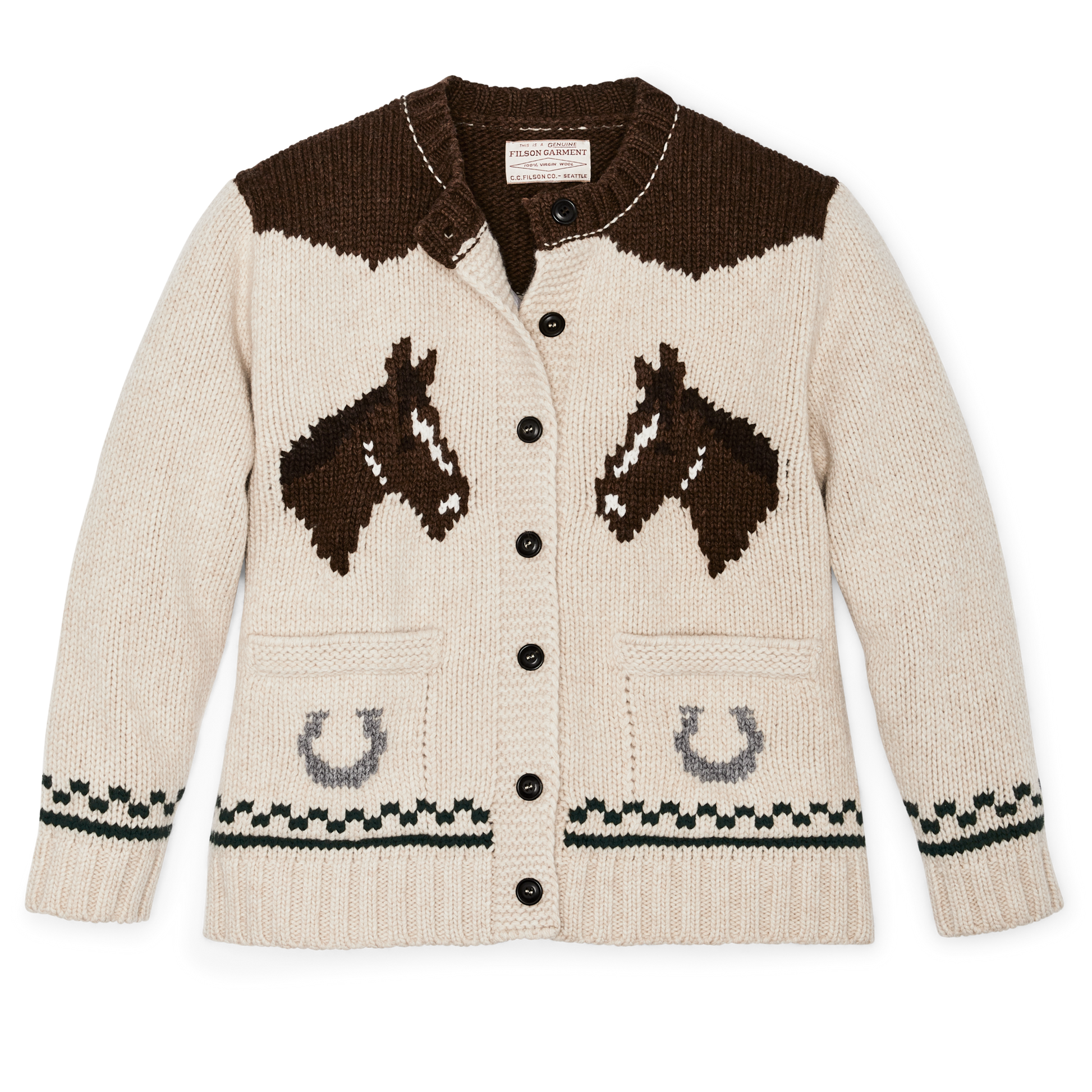 Front-facing image of the Filson Women's Wool Cardigan - Cream / Horse