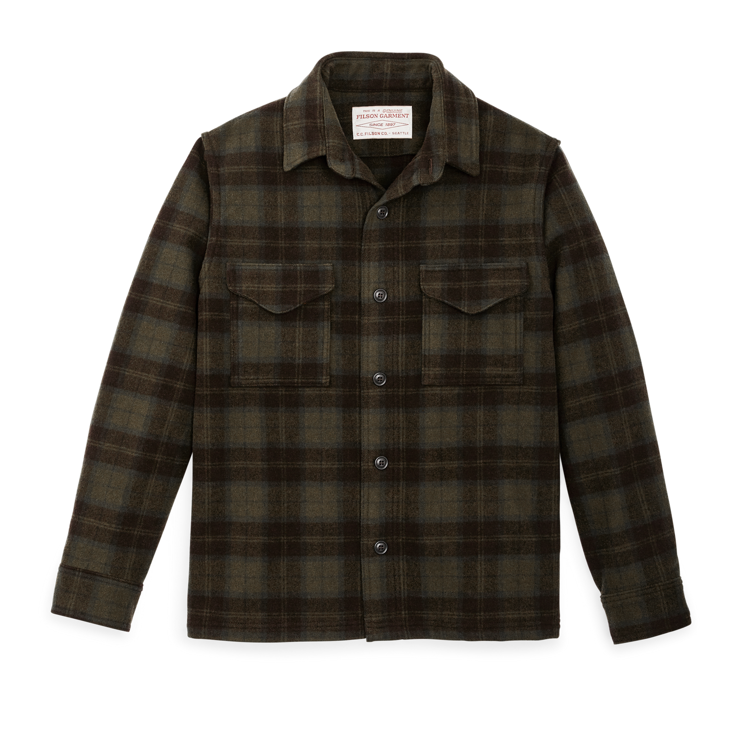 Front-facing image of the Filson Wool Jac-shirt - Olive / Brown Plaid