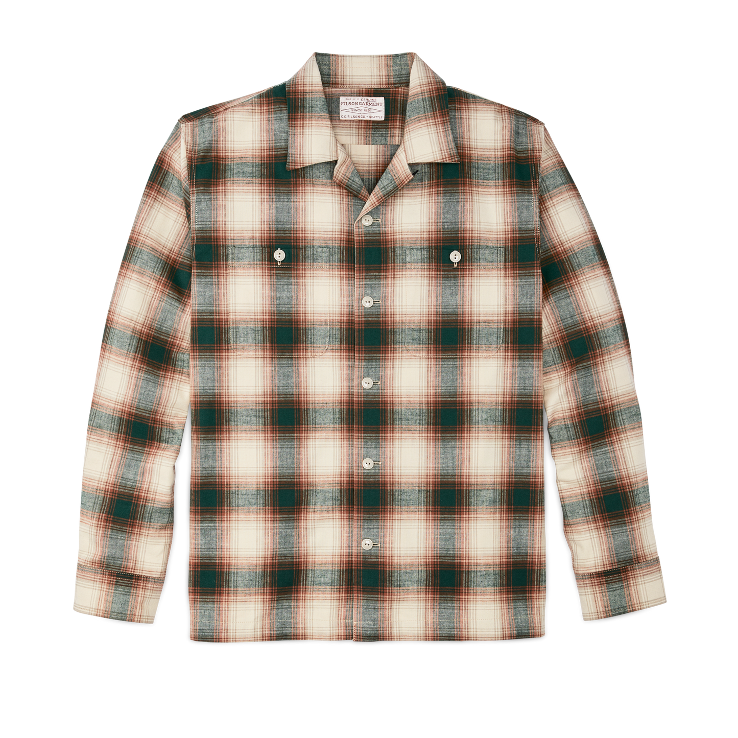 Front-facing image of the Filson Elk Heights Camp Shirt - Rust / Pine Grove Plaid