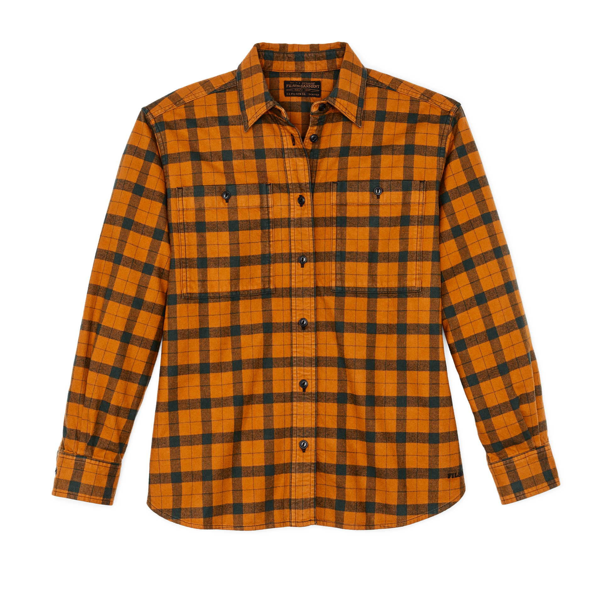 Front-facing image of the Filson Women's Alaskan Guide Shirt - Spruce / Squash Plaid