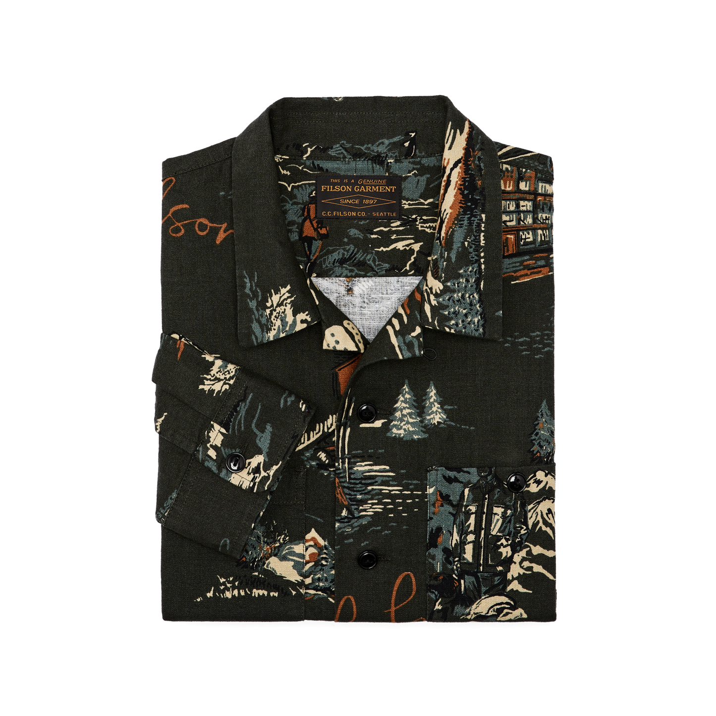 Alternate view of the Filson Elk Heights Camp Shirt - Green Northwest Scenic Print