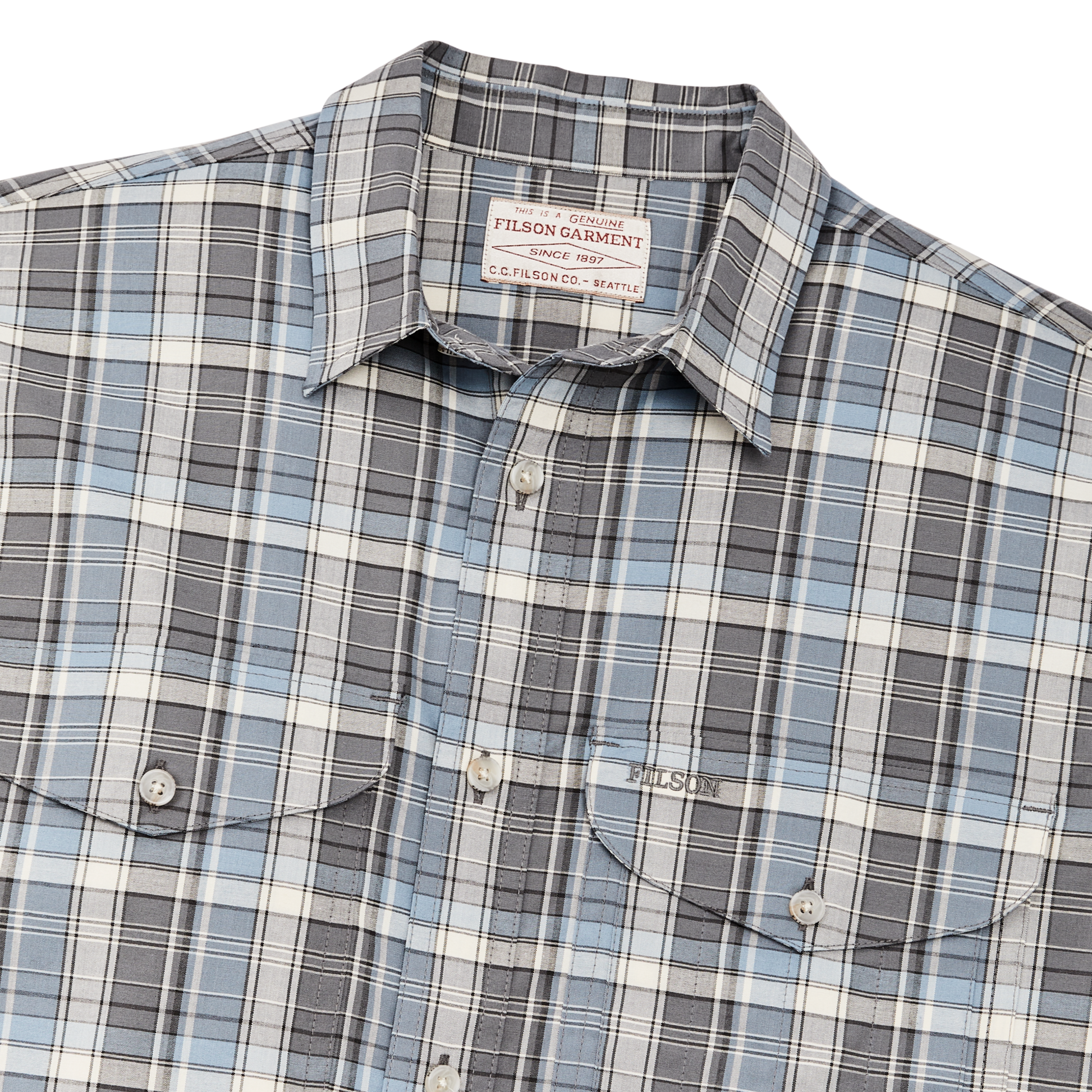 Alternate view of the Filson Twin Lakes Short Sleeve Sport Shirt - Gray / Blue / Cream Plaid