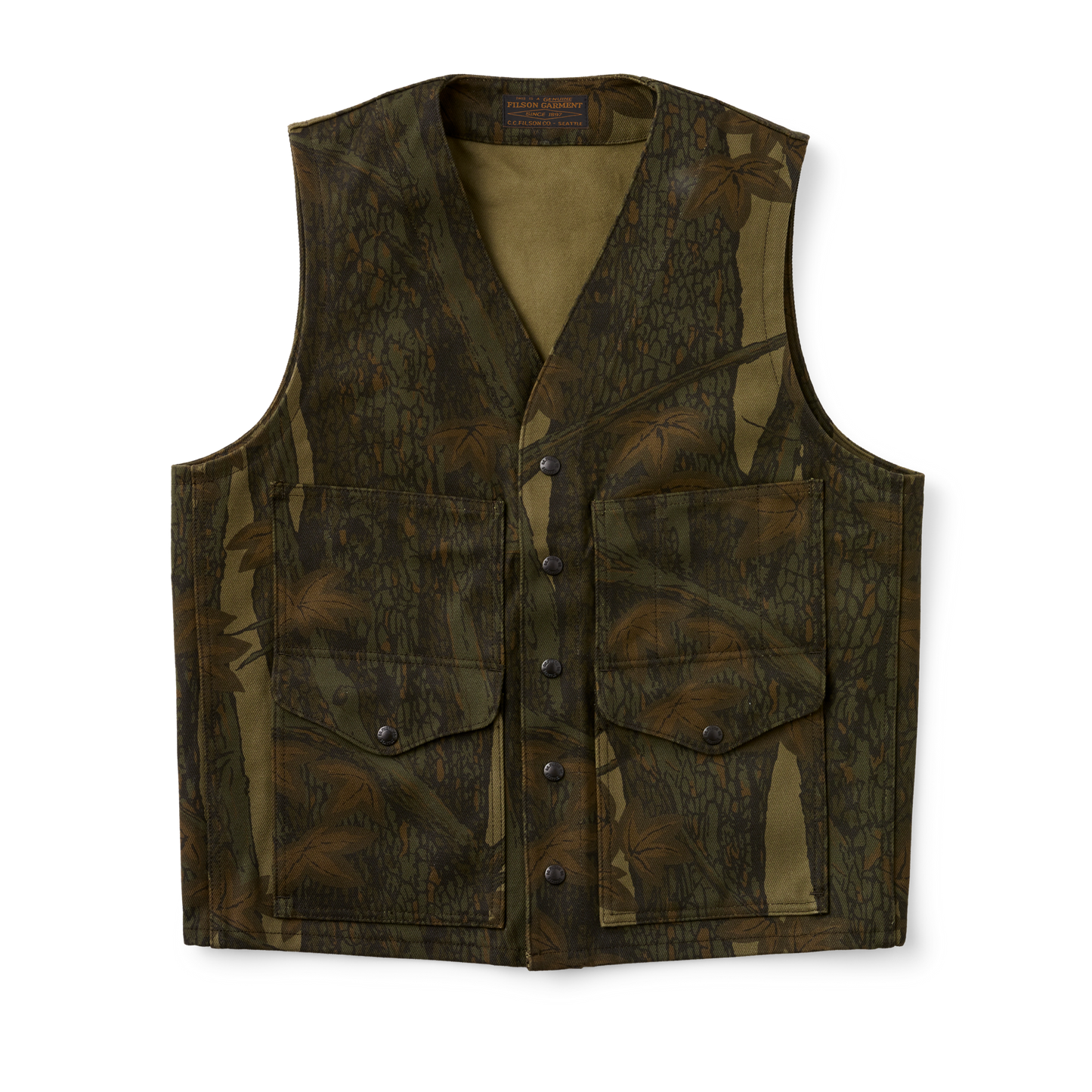 Front-facing image of the Filson Rugged Twill Cruiser Vest - Maple Bark Camo