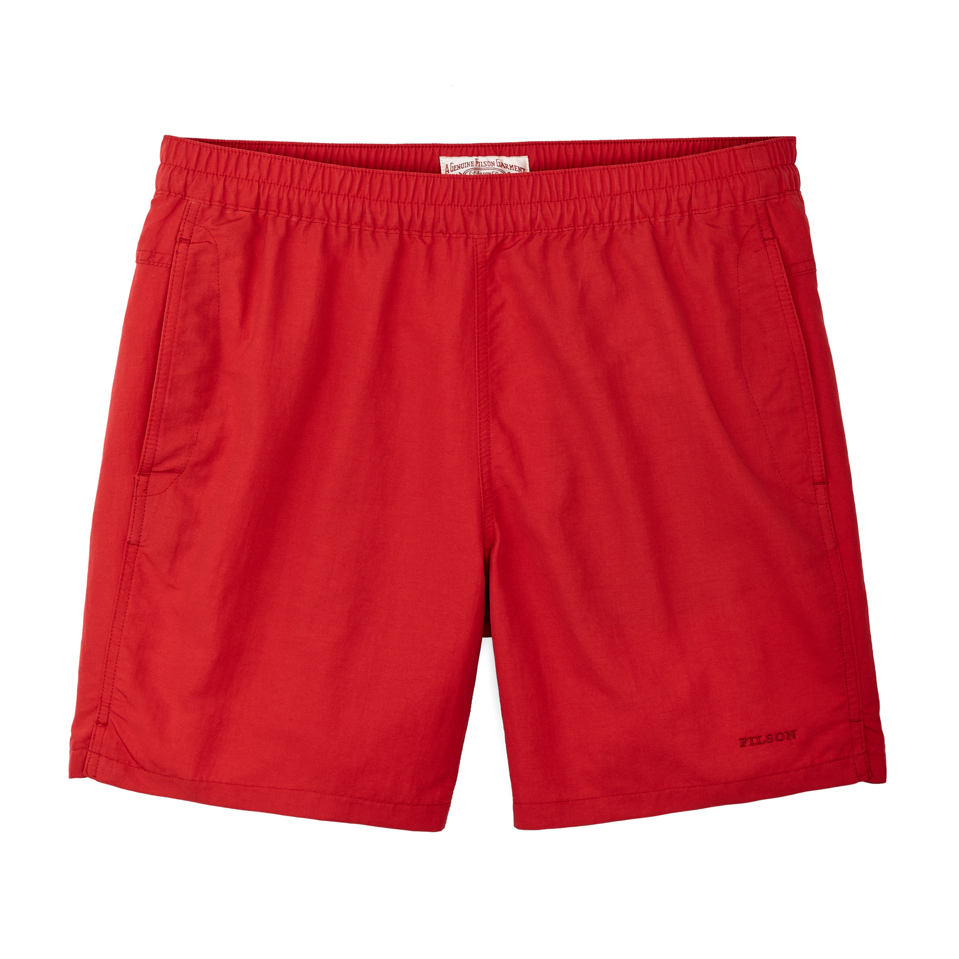 Front-facing image of the Filson Cooper Lake Trunks  - Red