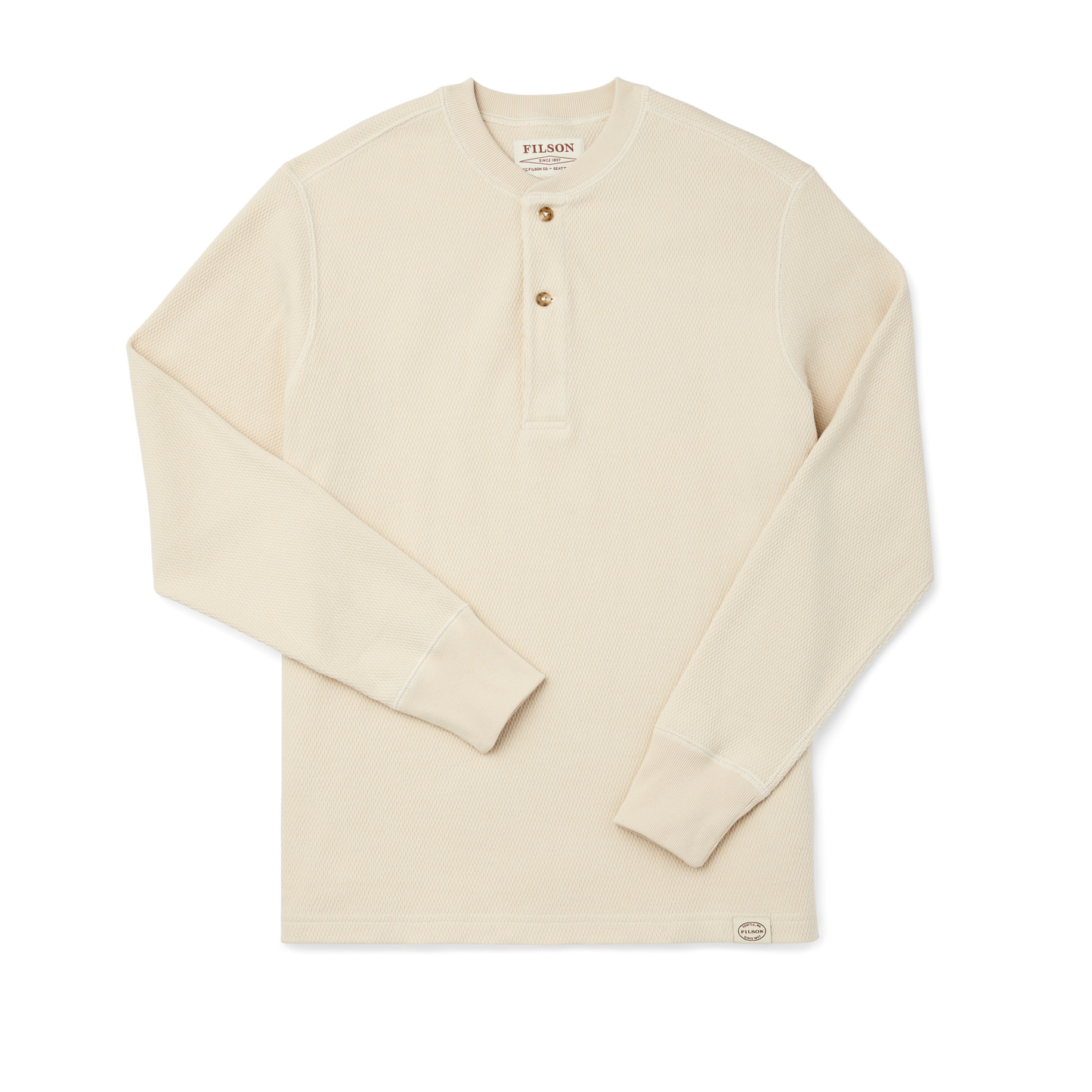 Front-facing image of the Filson Waffle Knit Henley - Sand