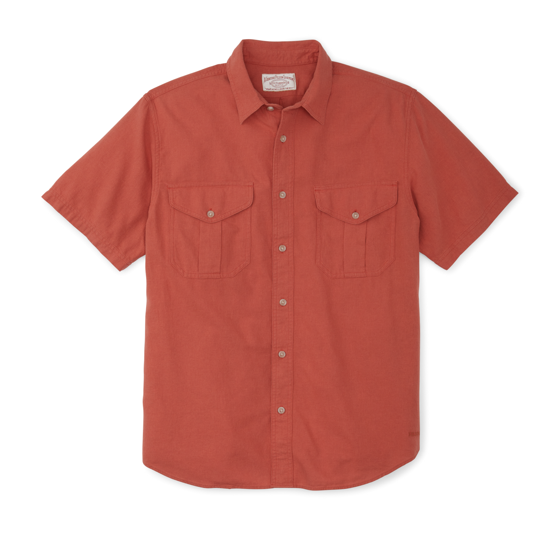 Front-facing image of the Filson Short Sleeve Lightweight Alaskan Guide Shirt  - Cedar Red