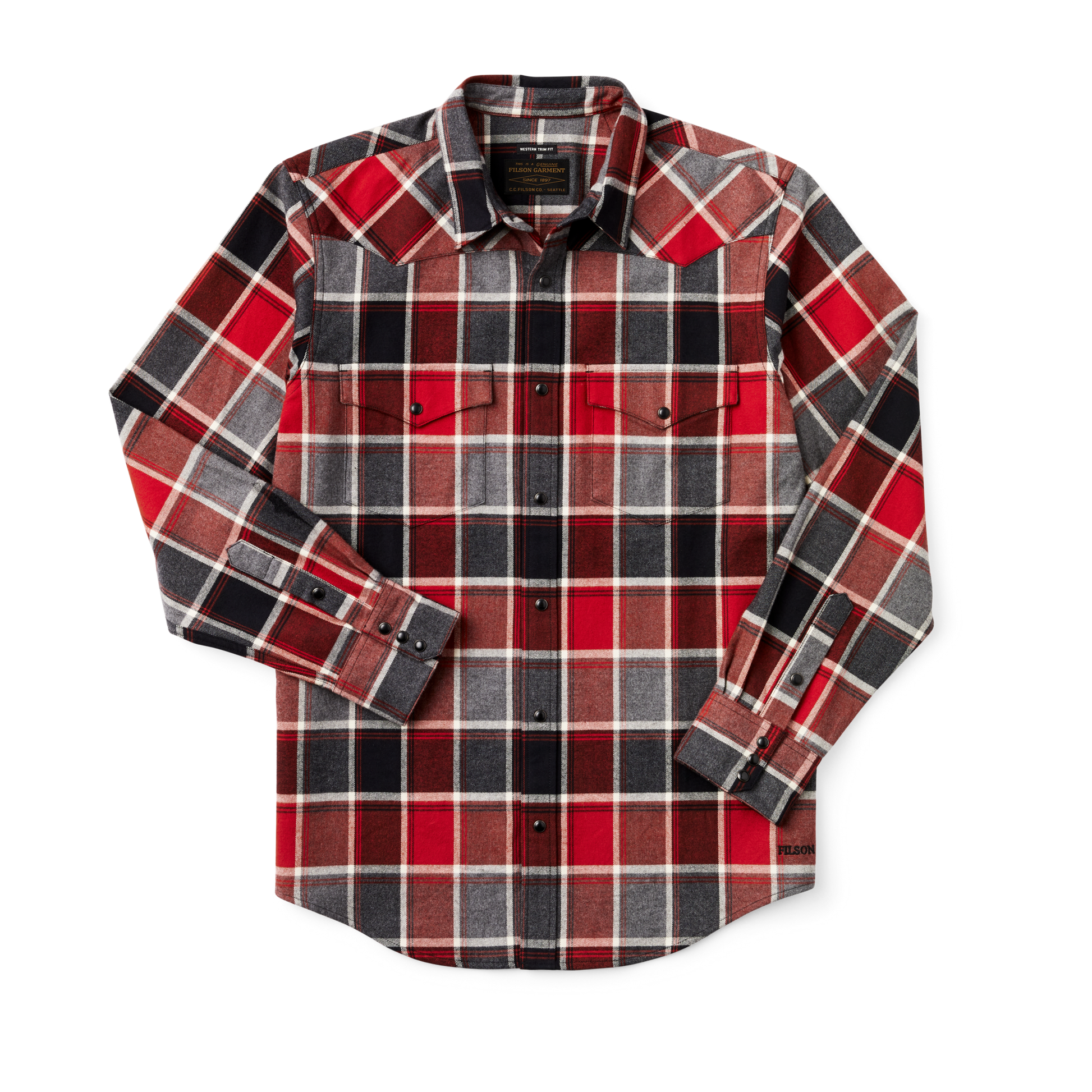 Front-facing image of the Filson Western Flannel Shirt - Red / Dark Charcoal Plaid