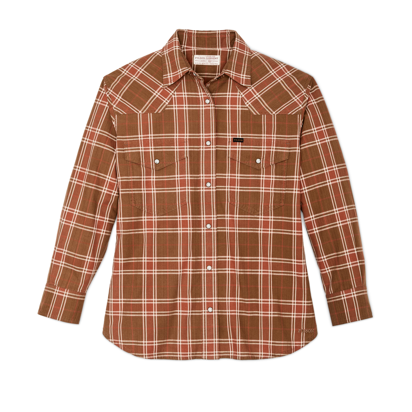 Front-facing image of the Filson Women's Western Flannel Shirt - Clay Dust