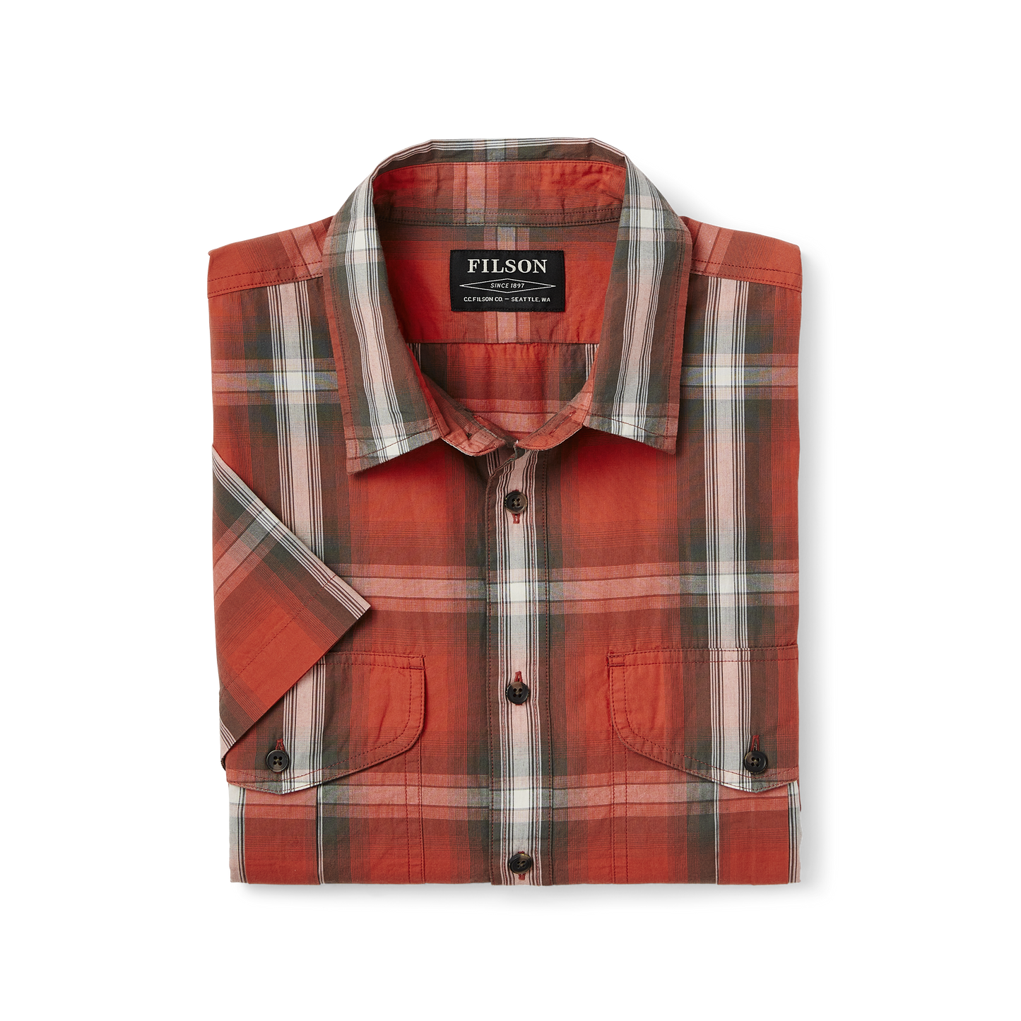 alternate image of filson's filson's washed short sleeve feather cloth shirt, a men's short sleeve shirt constructed in cotton, shown in red / brown / cream plaid