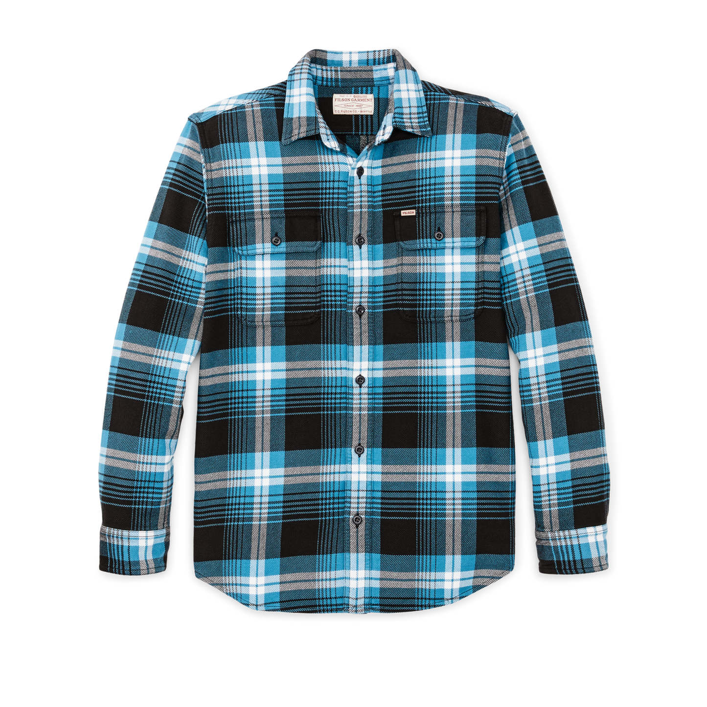 Front-facing image of the Filson Vintage Flannel Work Shirt - Blue / Black / Multi Plaid