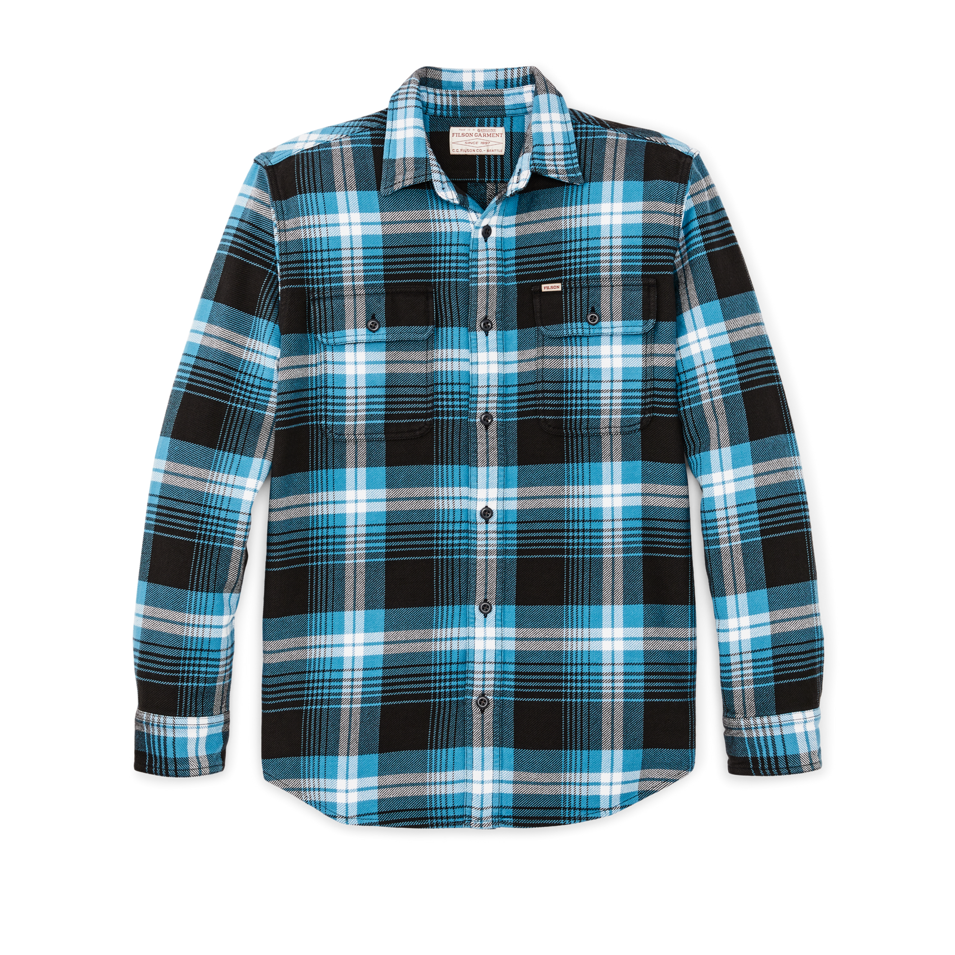 Front-facing image of the Filson Vintage Flannel Work Shirt - Blue / Black / Multi Plaid