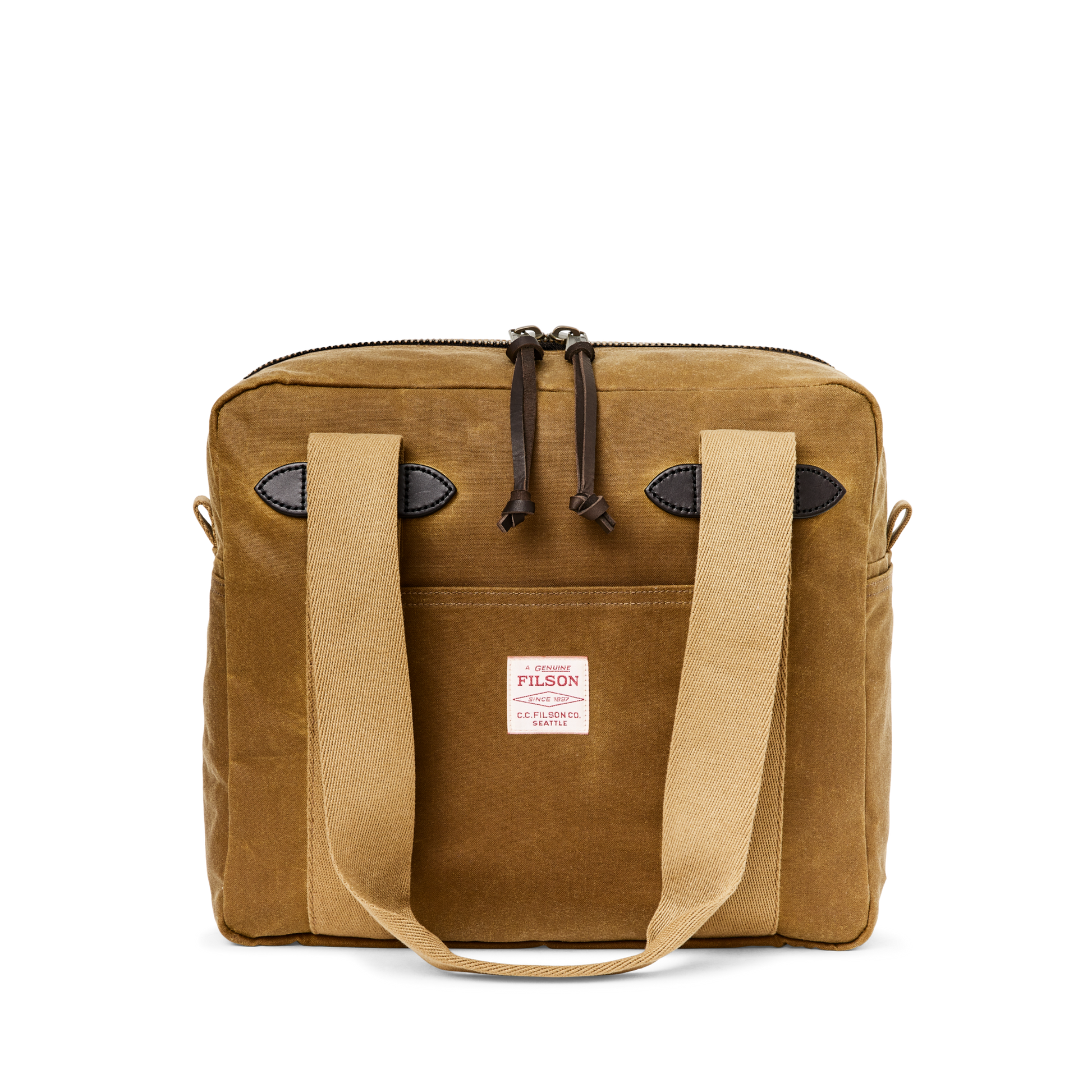 Front-facing image of the Filson Tin Cloth Zipper Tote Bag - Dark Tan