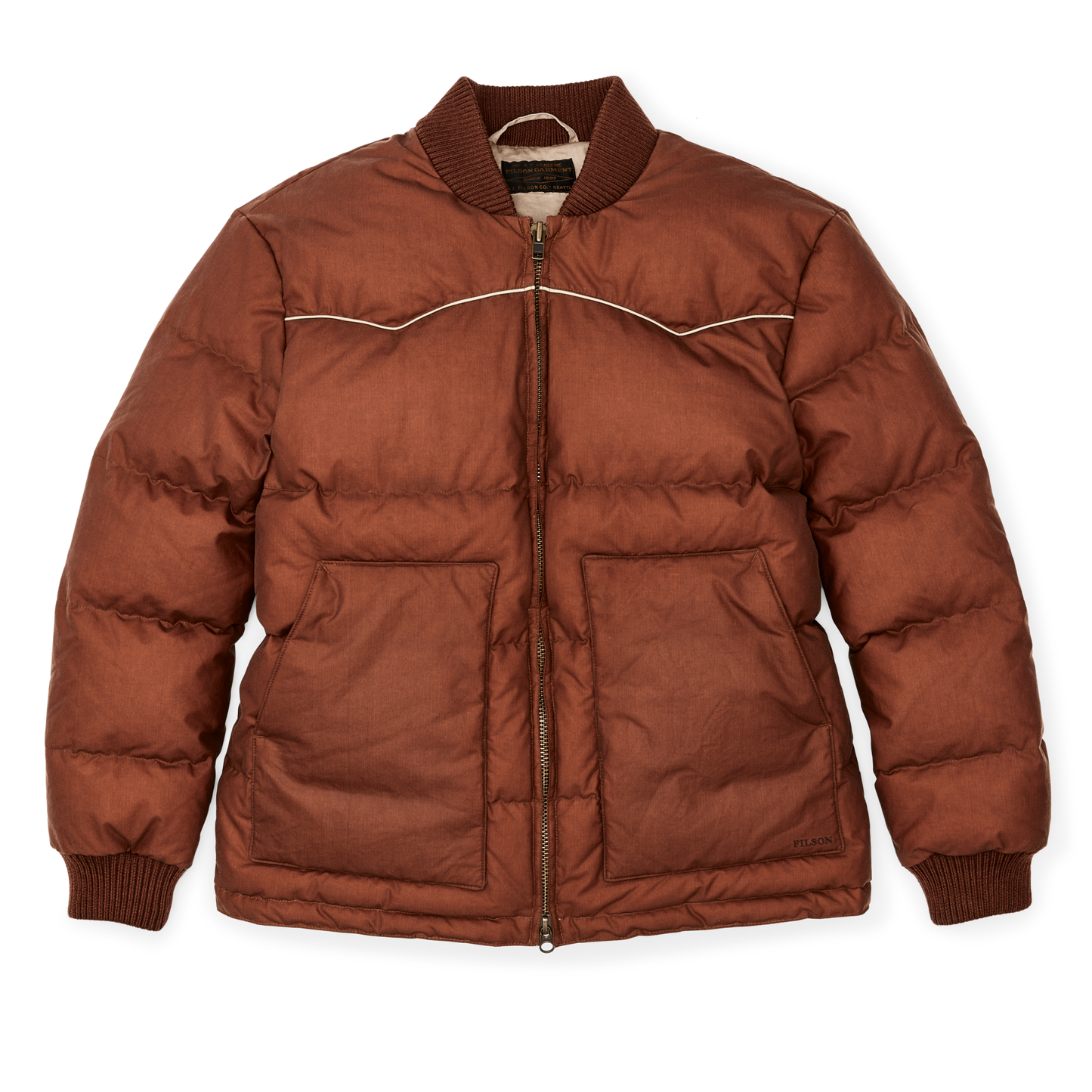 Front-facing image of the Filson Women's Waxed Down Jacket - Madder Root