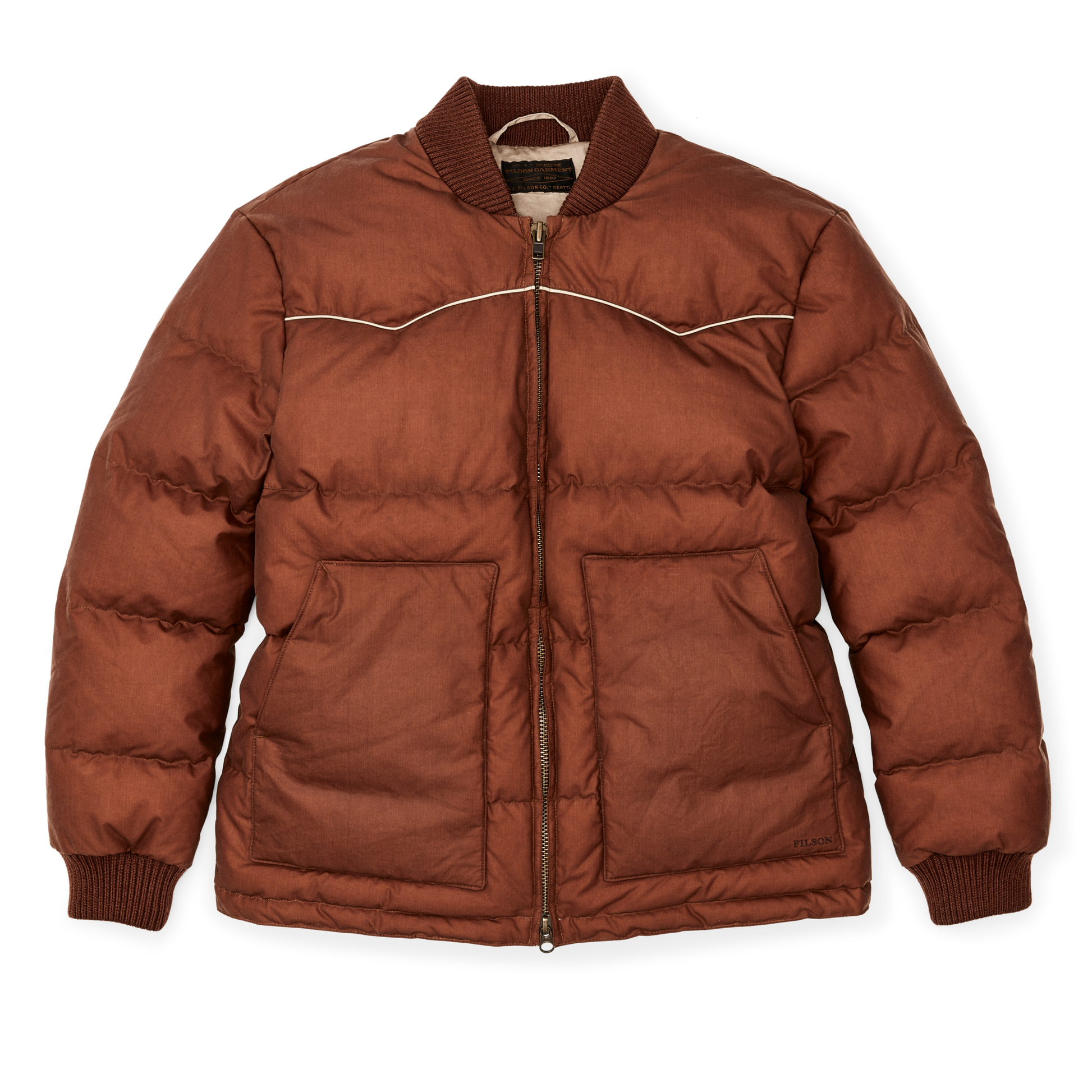 Front-facing image of the Filson Women's Waxed Down Jacket - Madder Root