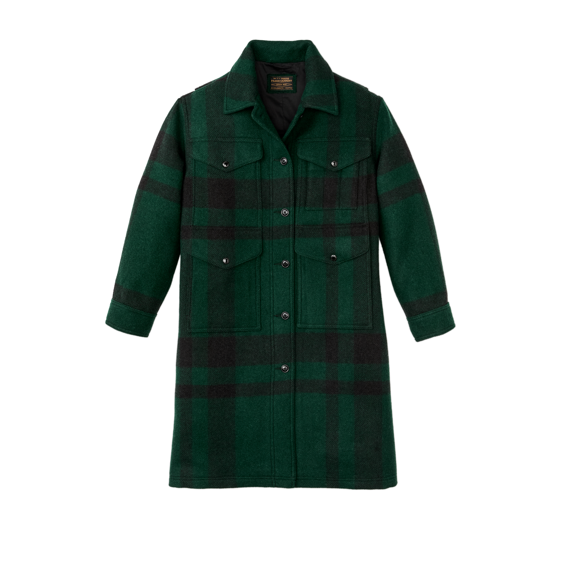 Front-facing image of the Filson Women's Wool Long Cruiser Coat - Otter Green / Black Plaid