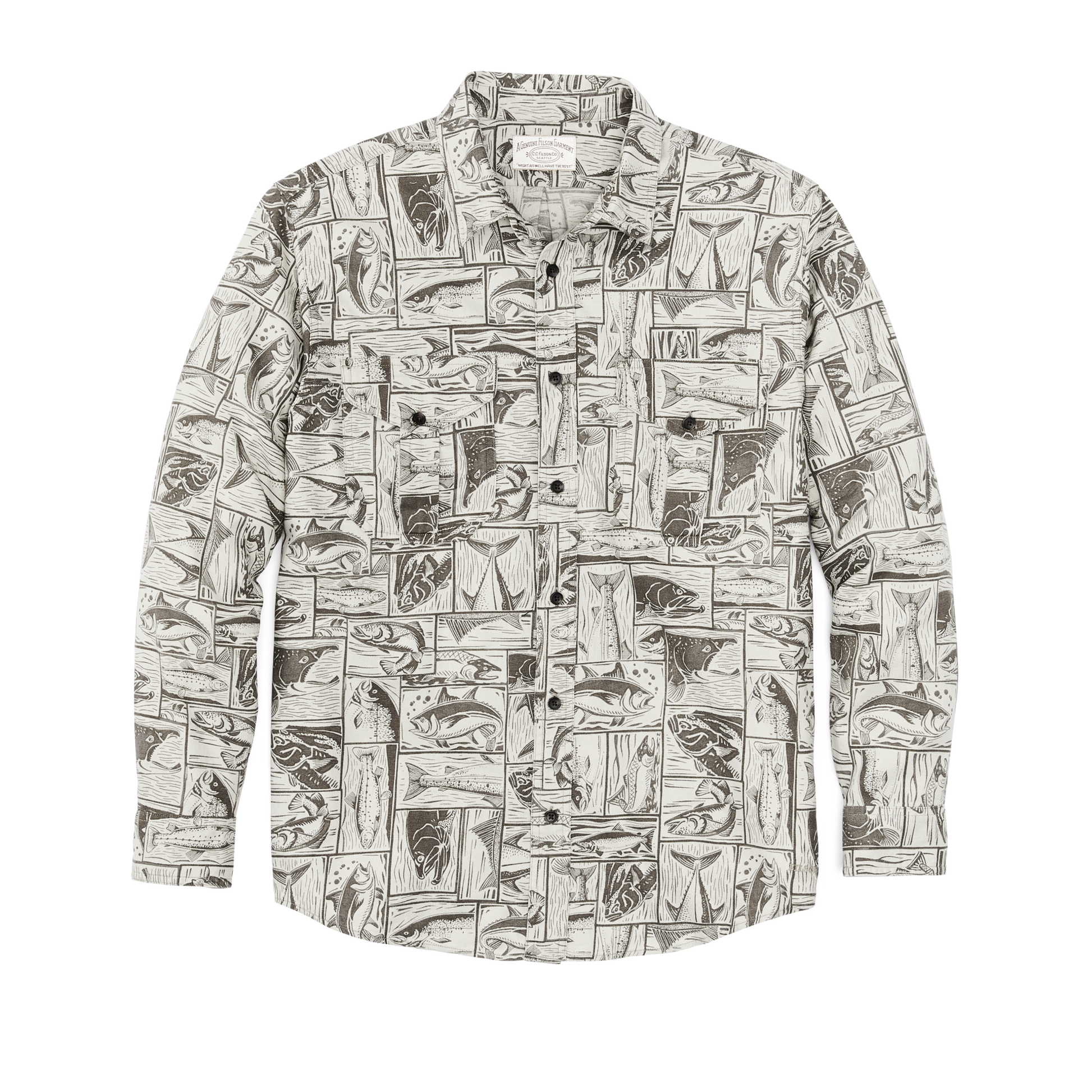 Front-facing image of the Filson Lightweight Alaskan Guide Shirt - Stone Brown Cutwork Fish Print