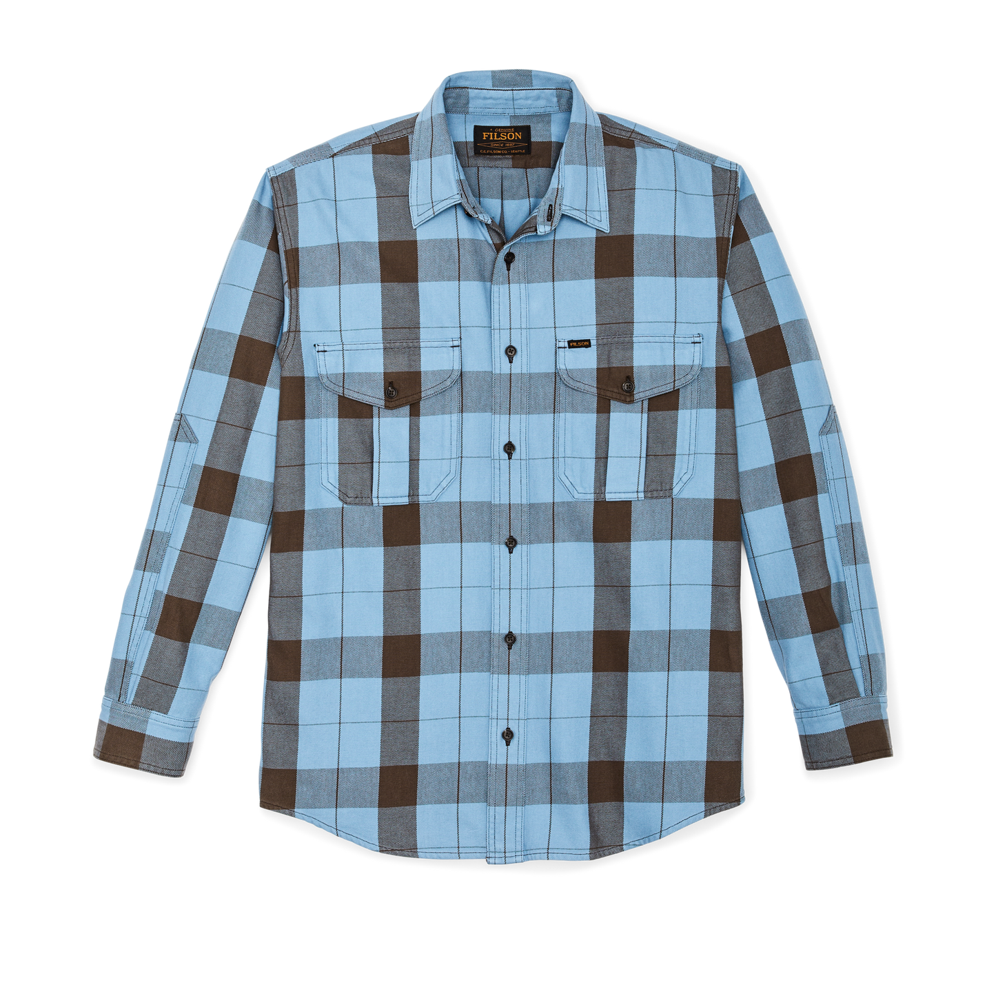 Front-facing image of the Filson Vintage Wash Alaskan Guide Shirt - Blue / Dark Brown Plaid