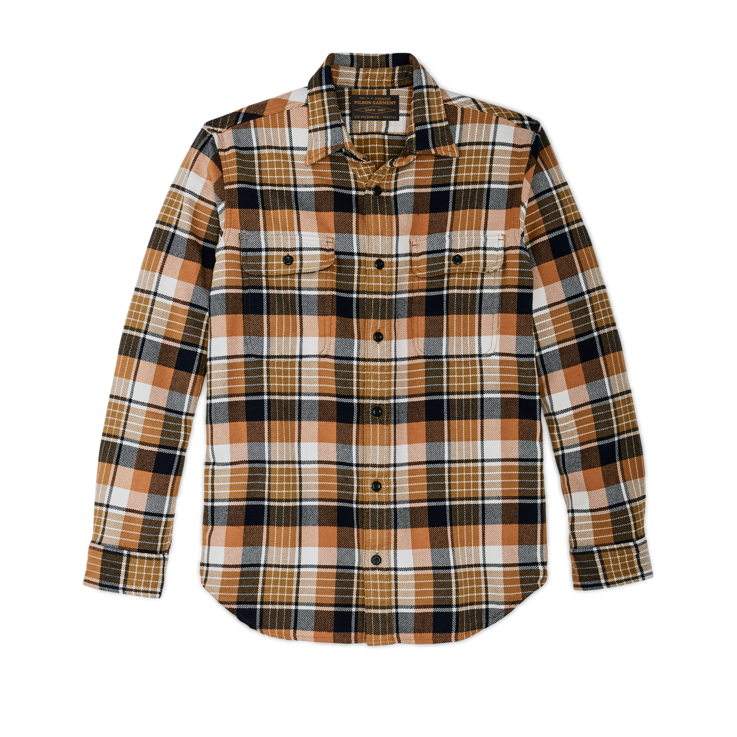 Front-facing image of the Filson Vintage Flannel Work Shirt - Navy Cumin Red