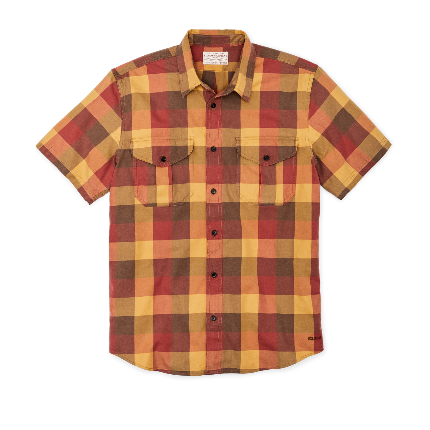 Front-facing image of the Filson Short Sleeve Lightweight Alaskan Guide Shirt  - Red / Yellow / Brown Check