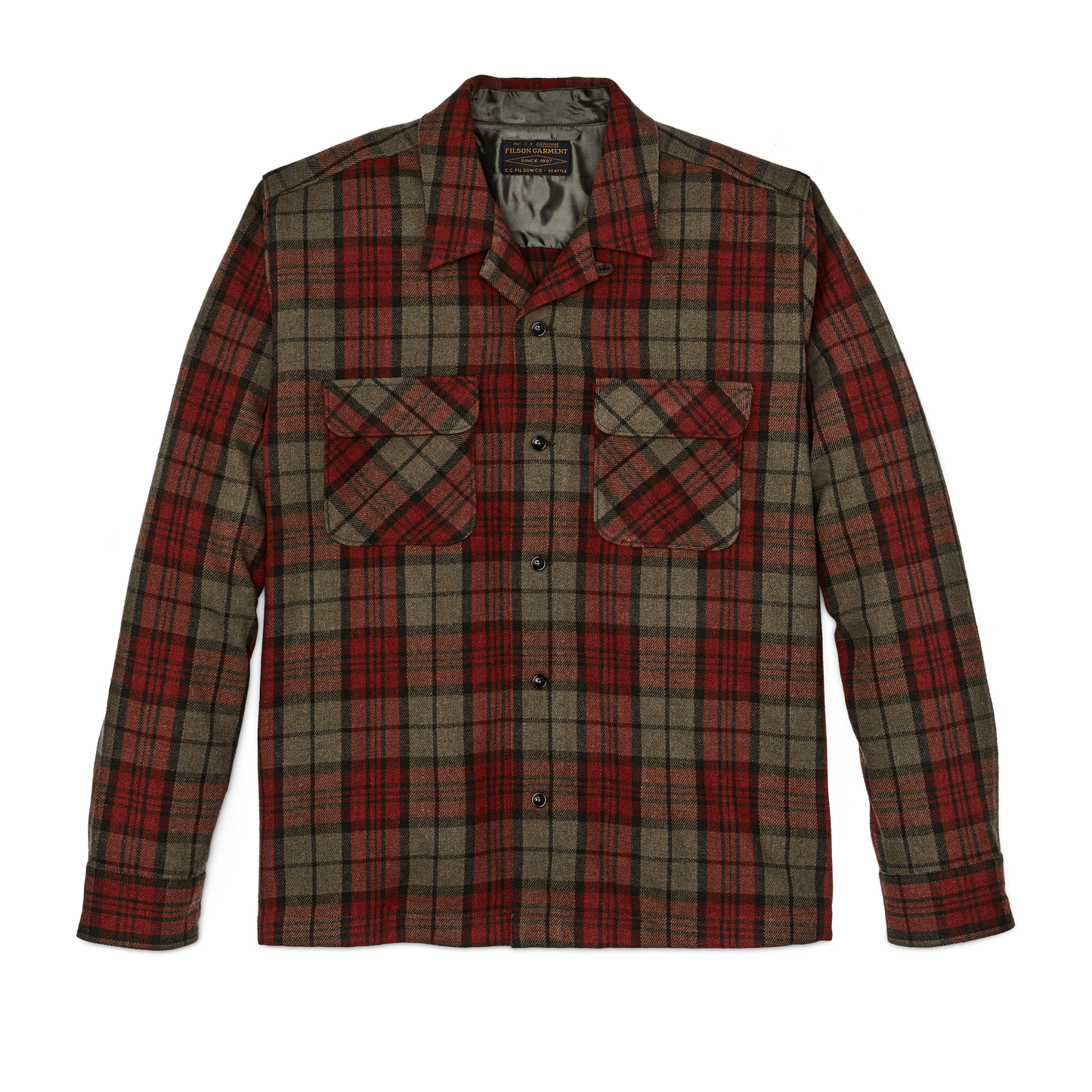 Front-facing image of the Filson Buckner Wool Camp Shirt - Olive / Red / Multi Plaid