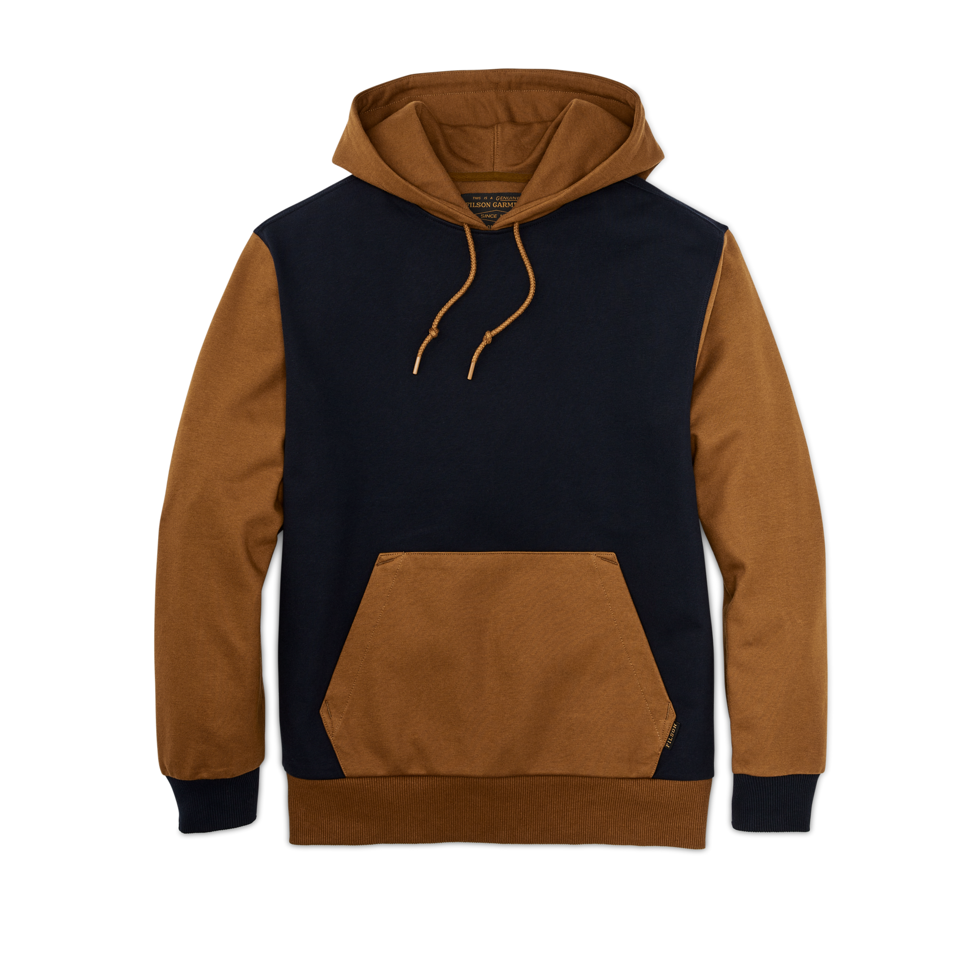 Front-facing image of the Filson Prospector Hoodie - Navy / Whiskey