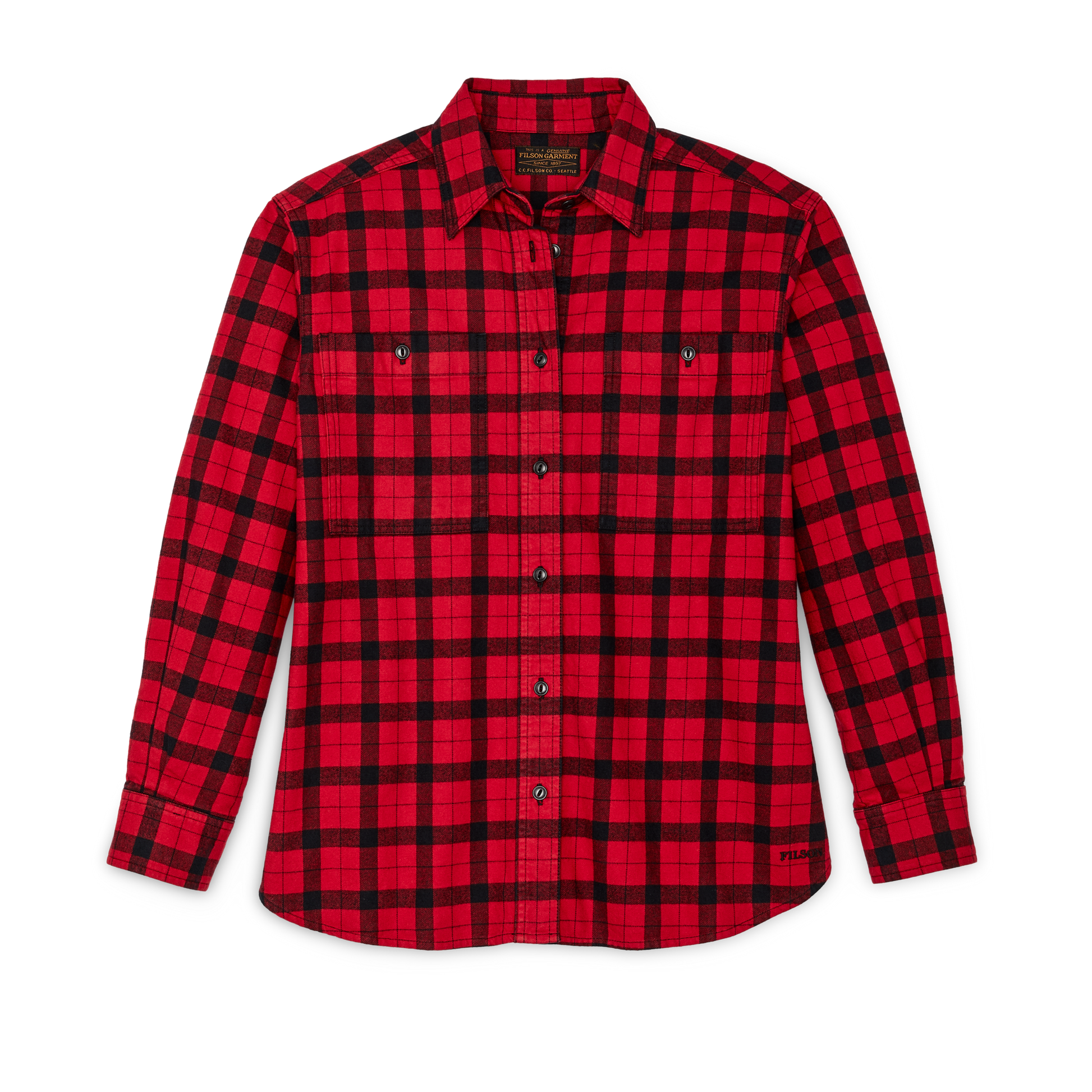 Front-facing image of the Filson Women's Alaskan Guide Shirt - Red / Black Plaid