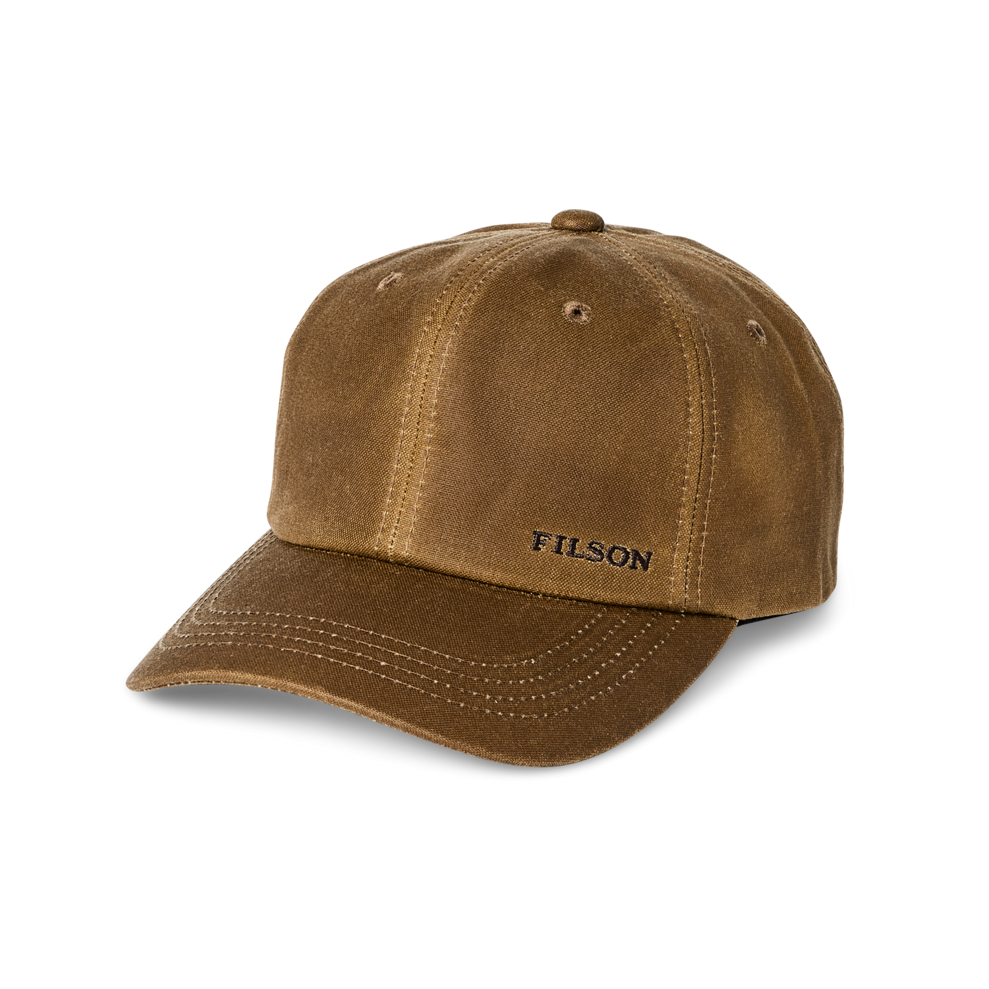 Front-facing image of the Filson Oil Tin Low-profile Logger Cap - Dark Tan