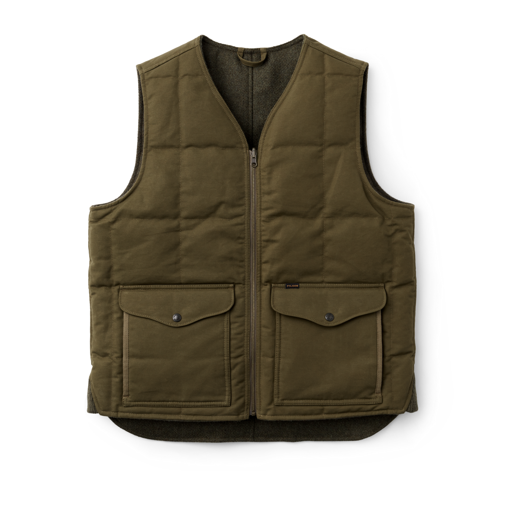 Front-facing image of the Filson Buckland Down Vest - Forest Green