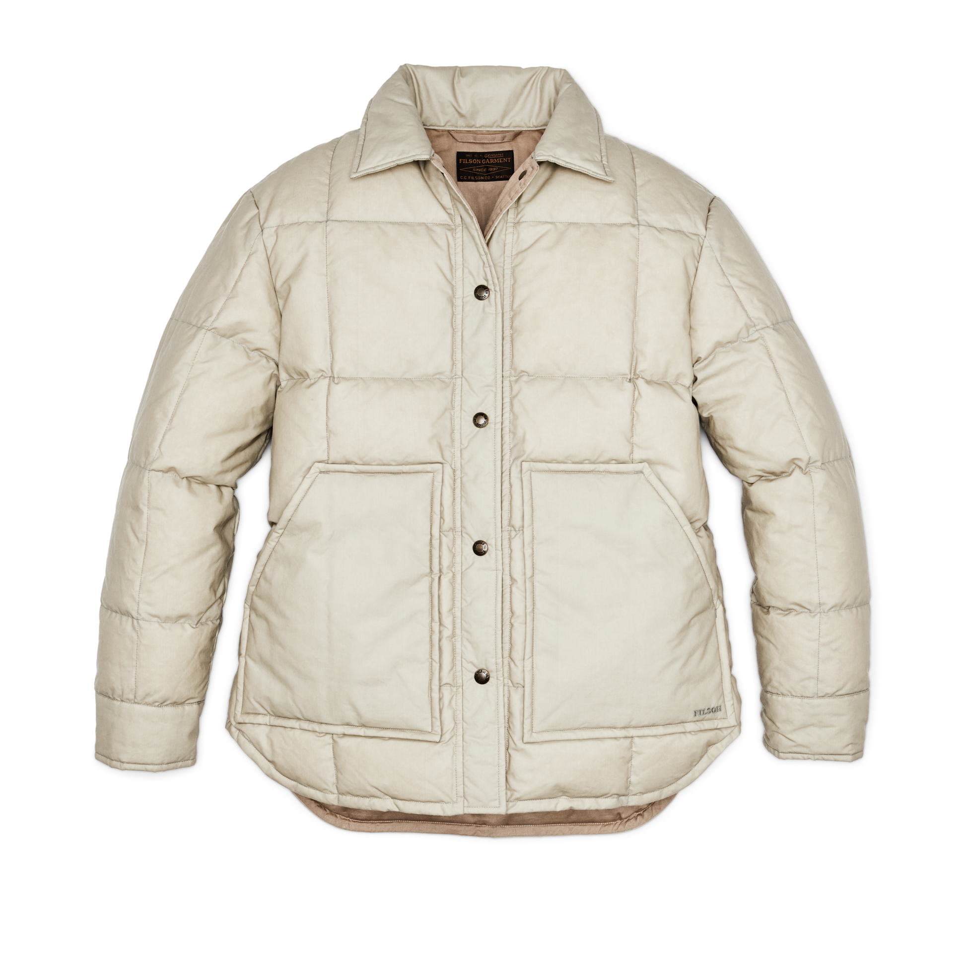 Front-facing image of the Filson Women's Waxed Down Barn Coat - Light Tan