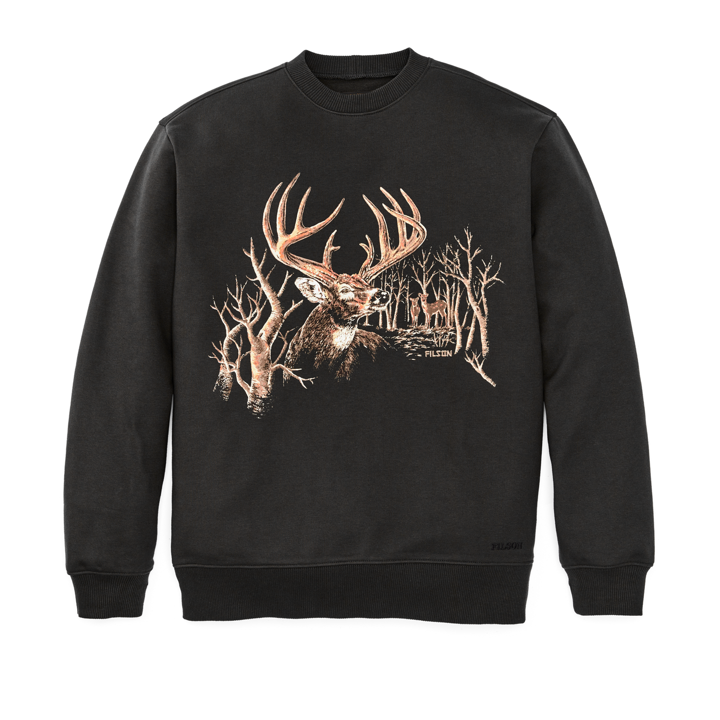 Front-facing image of the Filson Prospector Graphic Crewneck Sweatshirt - Faded Black / Deer Woods