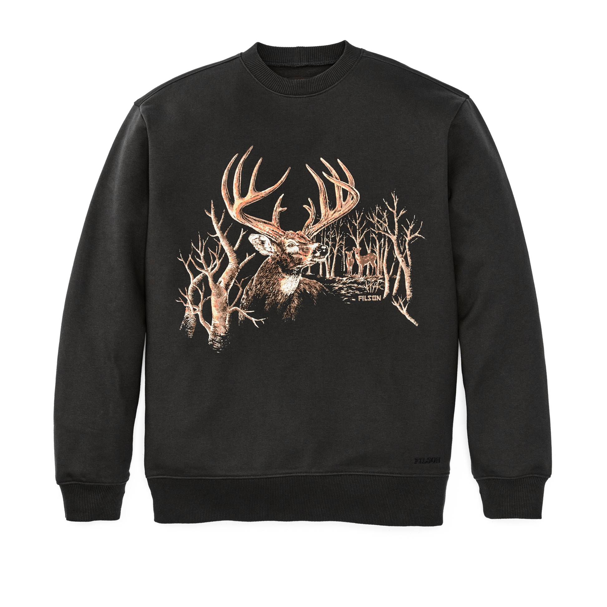 Front-facing image of the Filson Prospector Graphic Crewneck Sweatshirt - Faded Black / Deer Woods