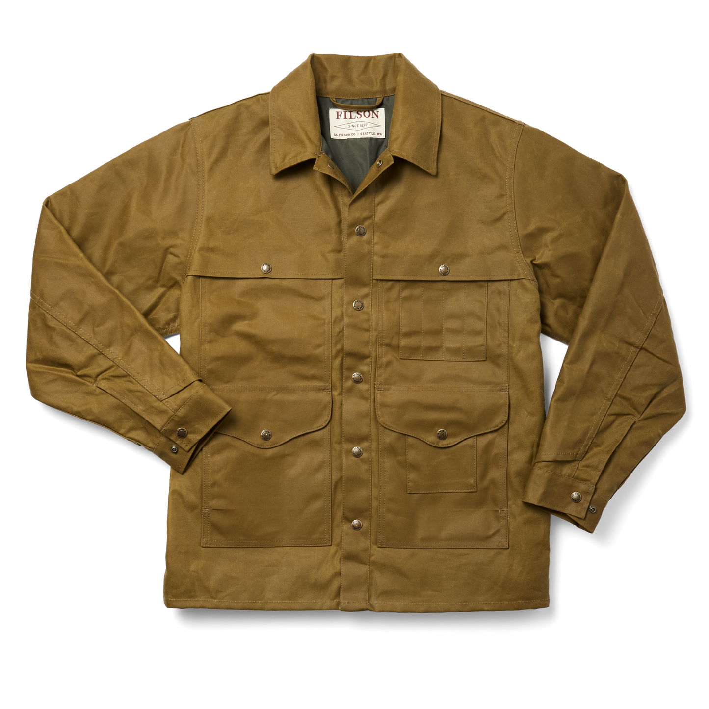 Front-facing image of the Filson Lined Tin Cloth Cruiser Jacket - Dark Tan